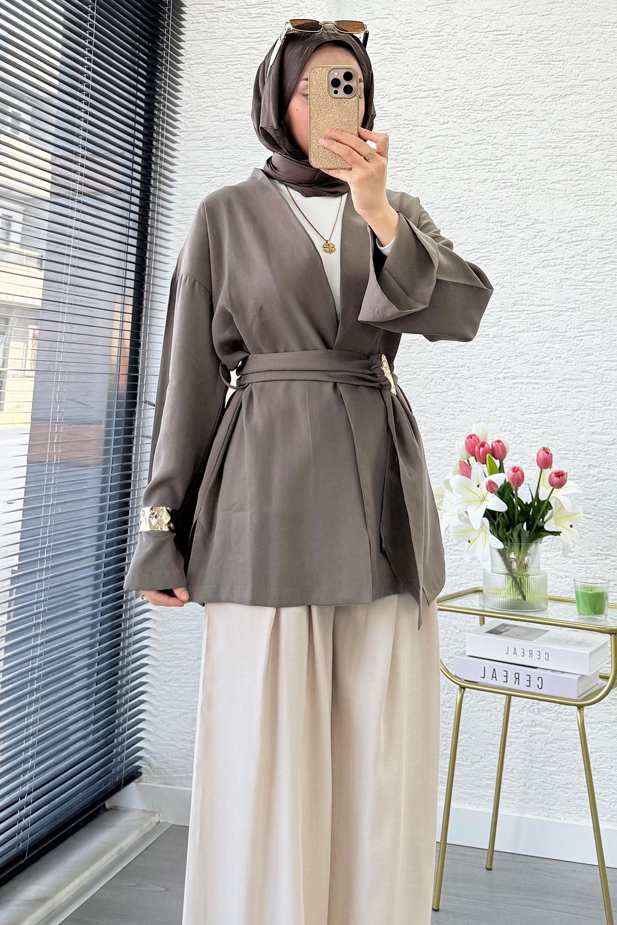 Bronş Kemerli Kruvaze Yaka Modal Kimono - Haki
