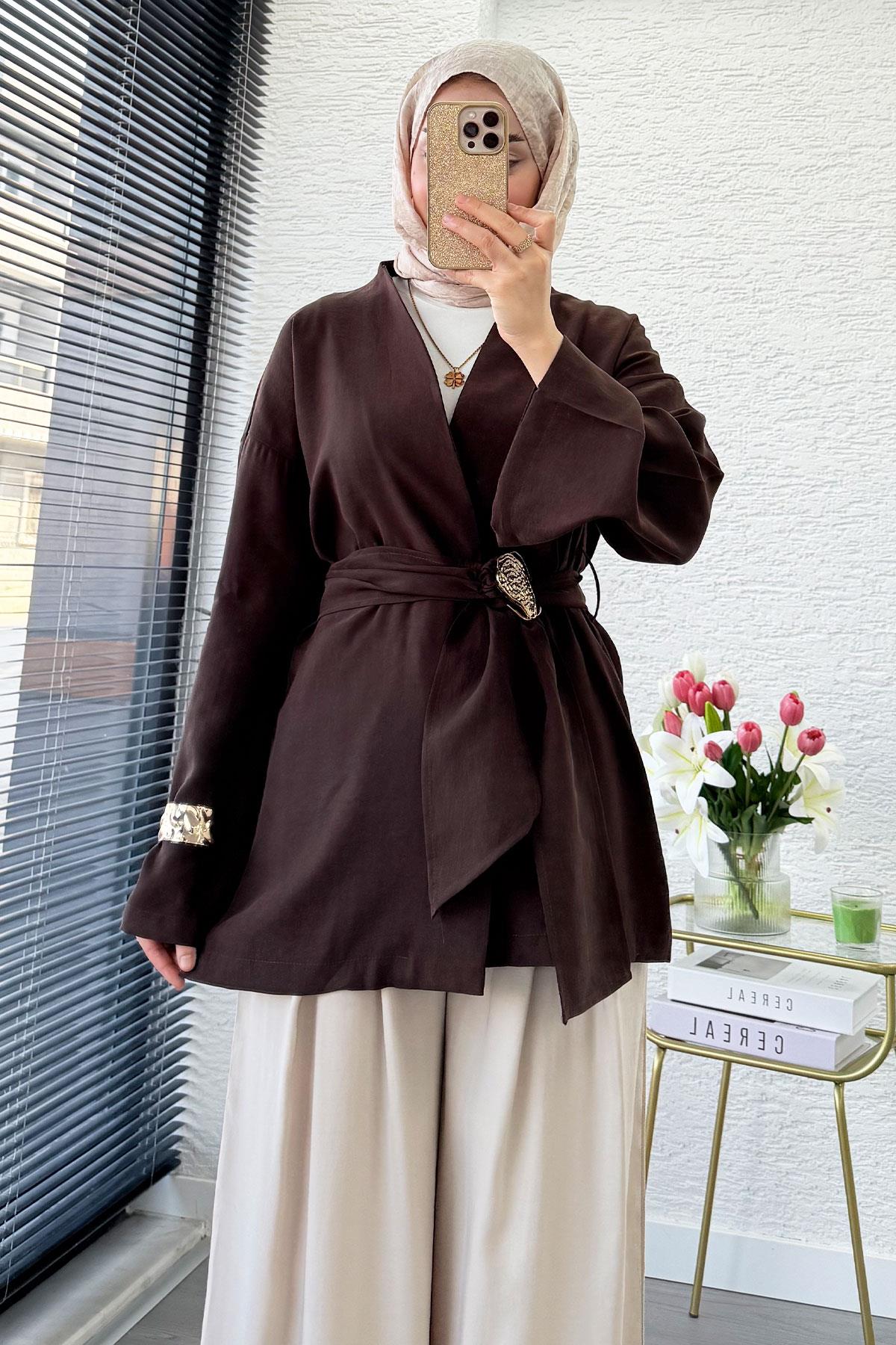 Bronş Kemerli Kruvaze Yaka Modal Kimono - Kahverengi