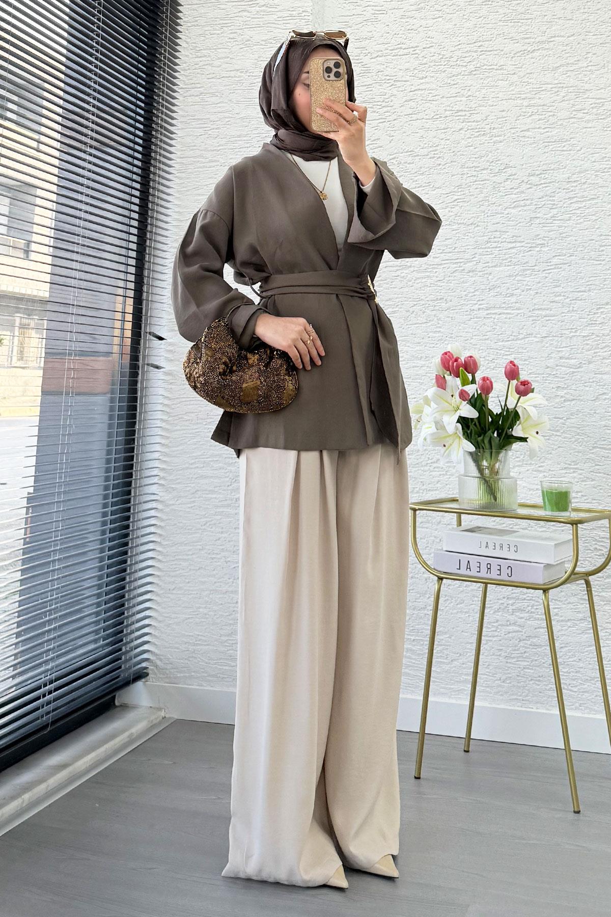 Bronş Kemerli Kruvaze Yaka Modal Kimono - Haki