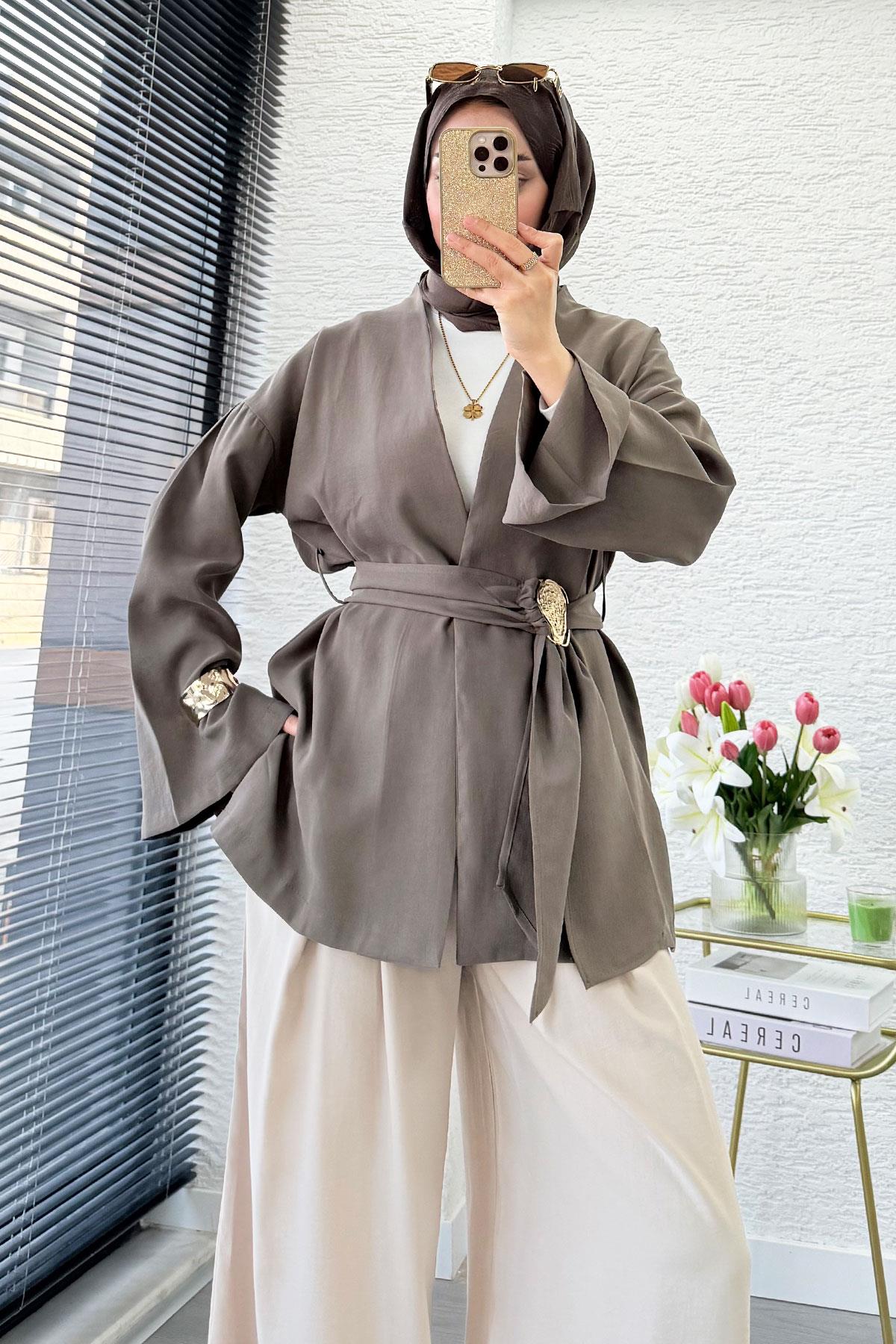 Bronş Kemerli Kruvaze Yaka Modal Kimono - Haki