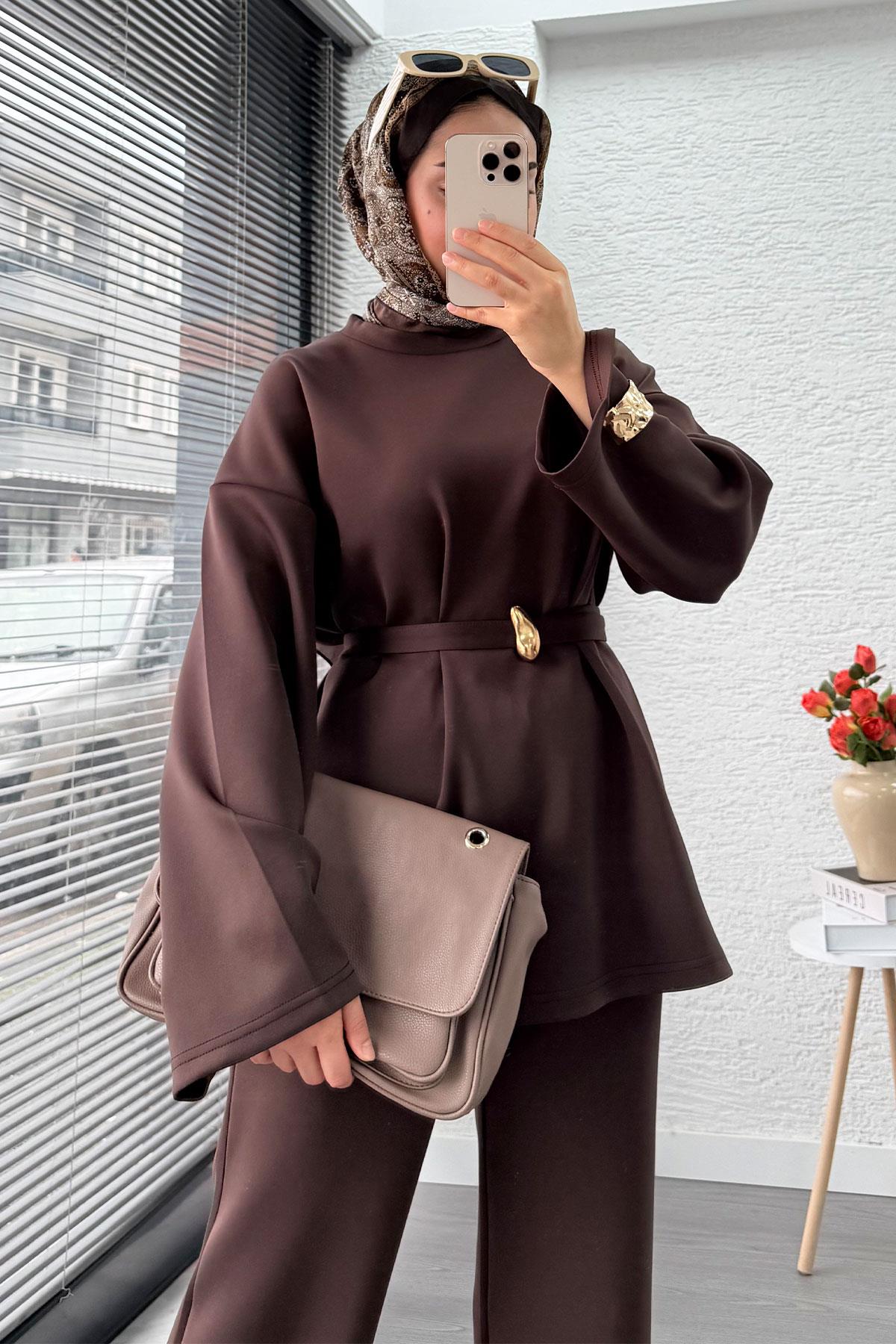 Bronş Kemerli Scuba Kadın İkili Takım – Kahverengi