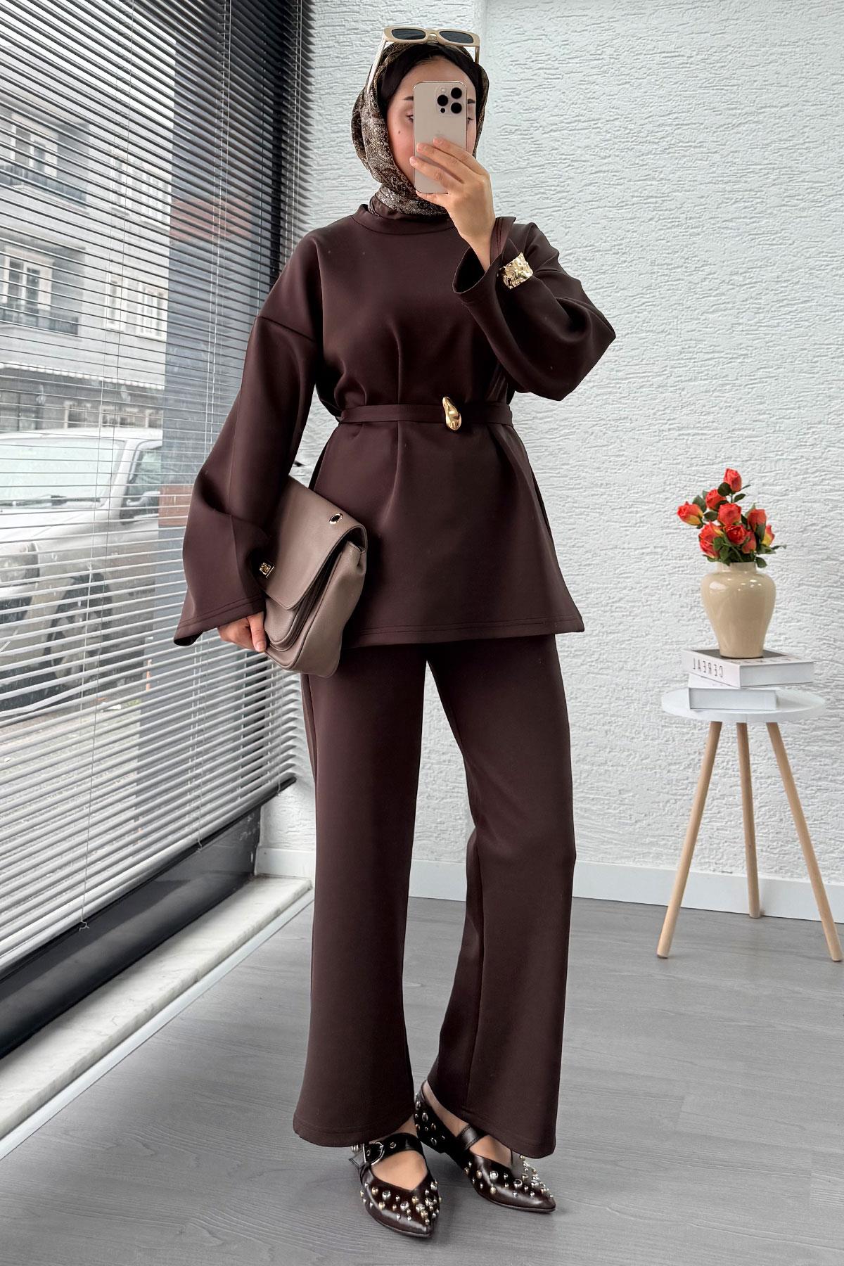 Bronş Kemerli Scuba Kadın İkili Takım – Kahverengi