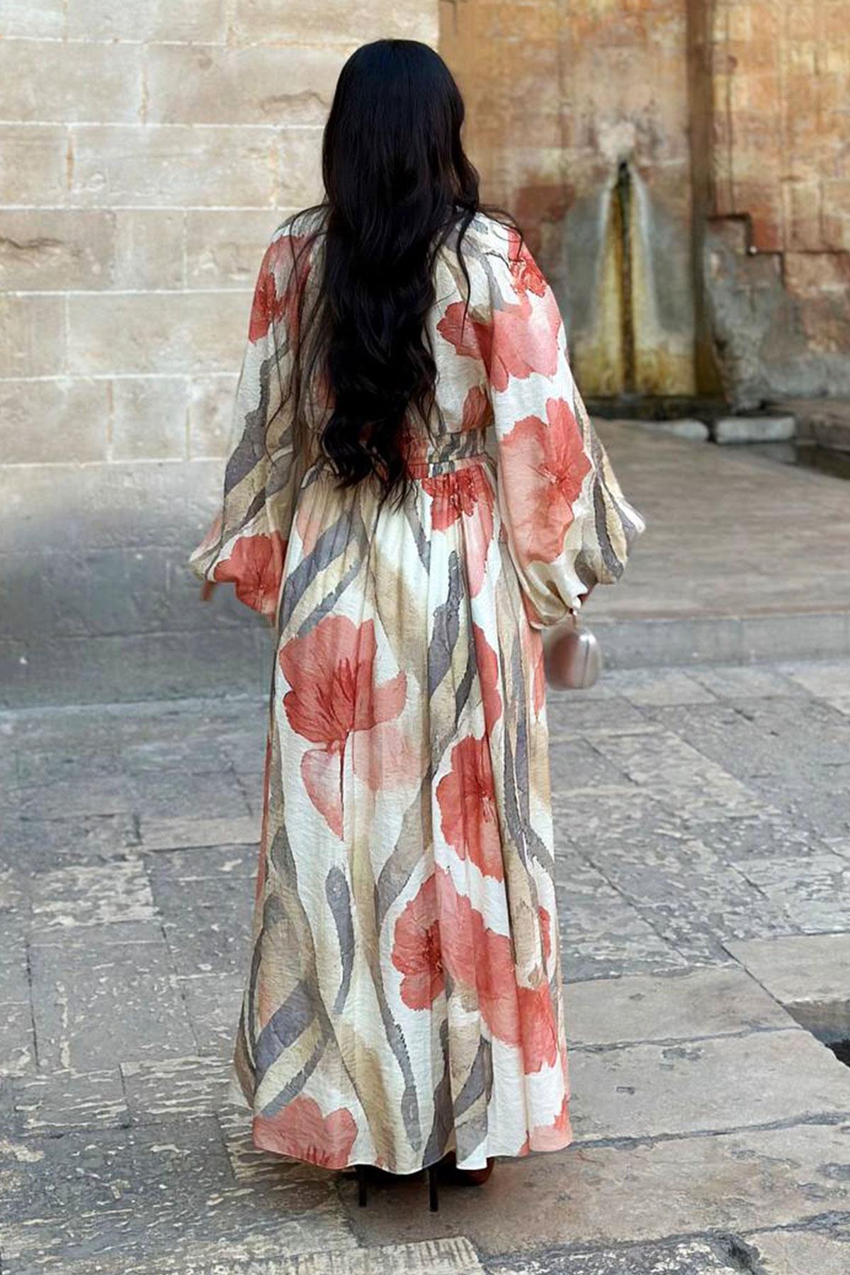 Çiçek Desenli  Etekli Takım-Bej