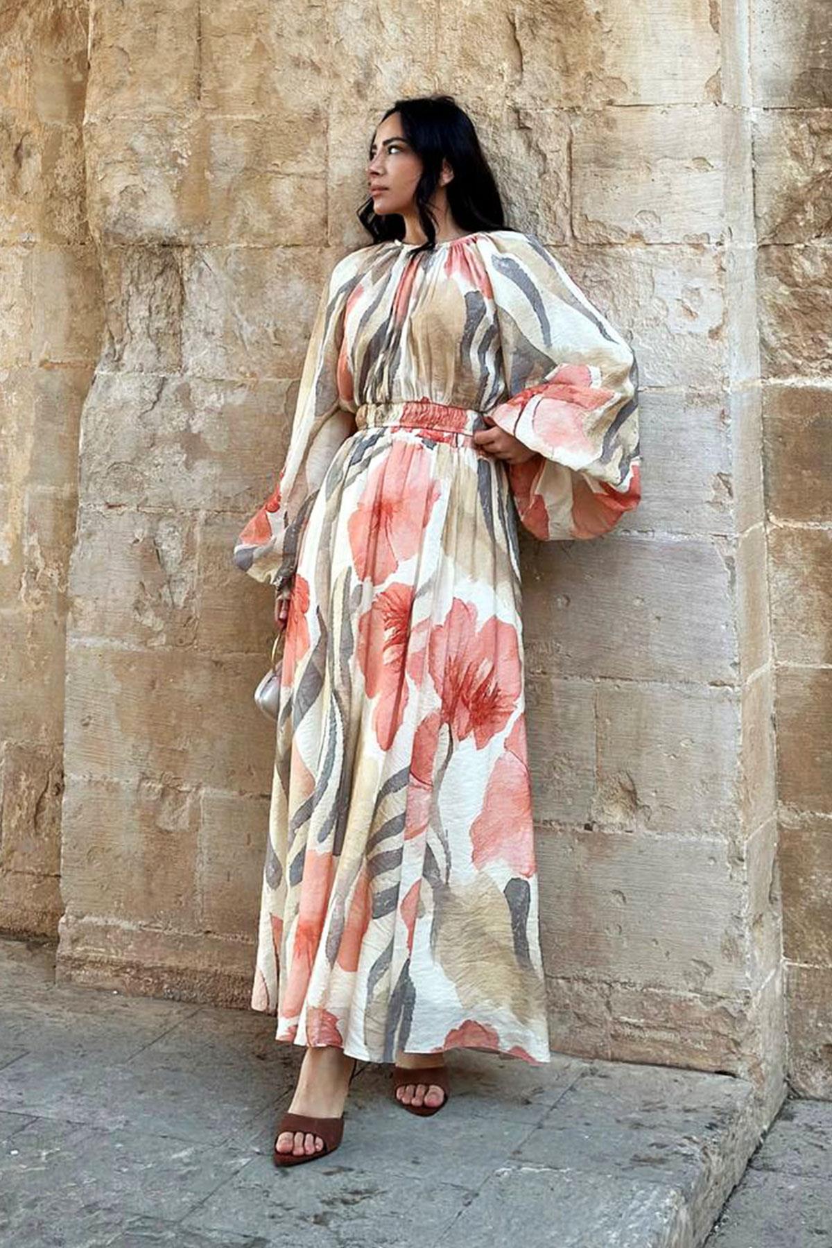 Çiçek Desenli  Etekli Takım-Bej