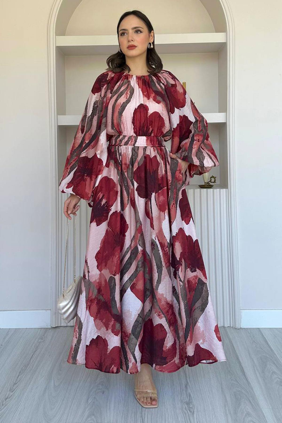 Çiçek Desenli Etekli Takım-Bordo