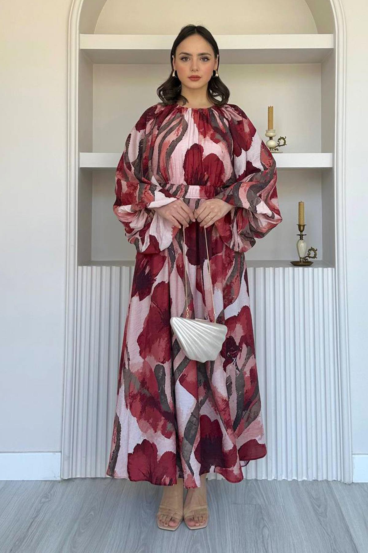 Çiçek Desenli Etekli Takım-Bordo