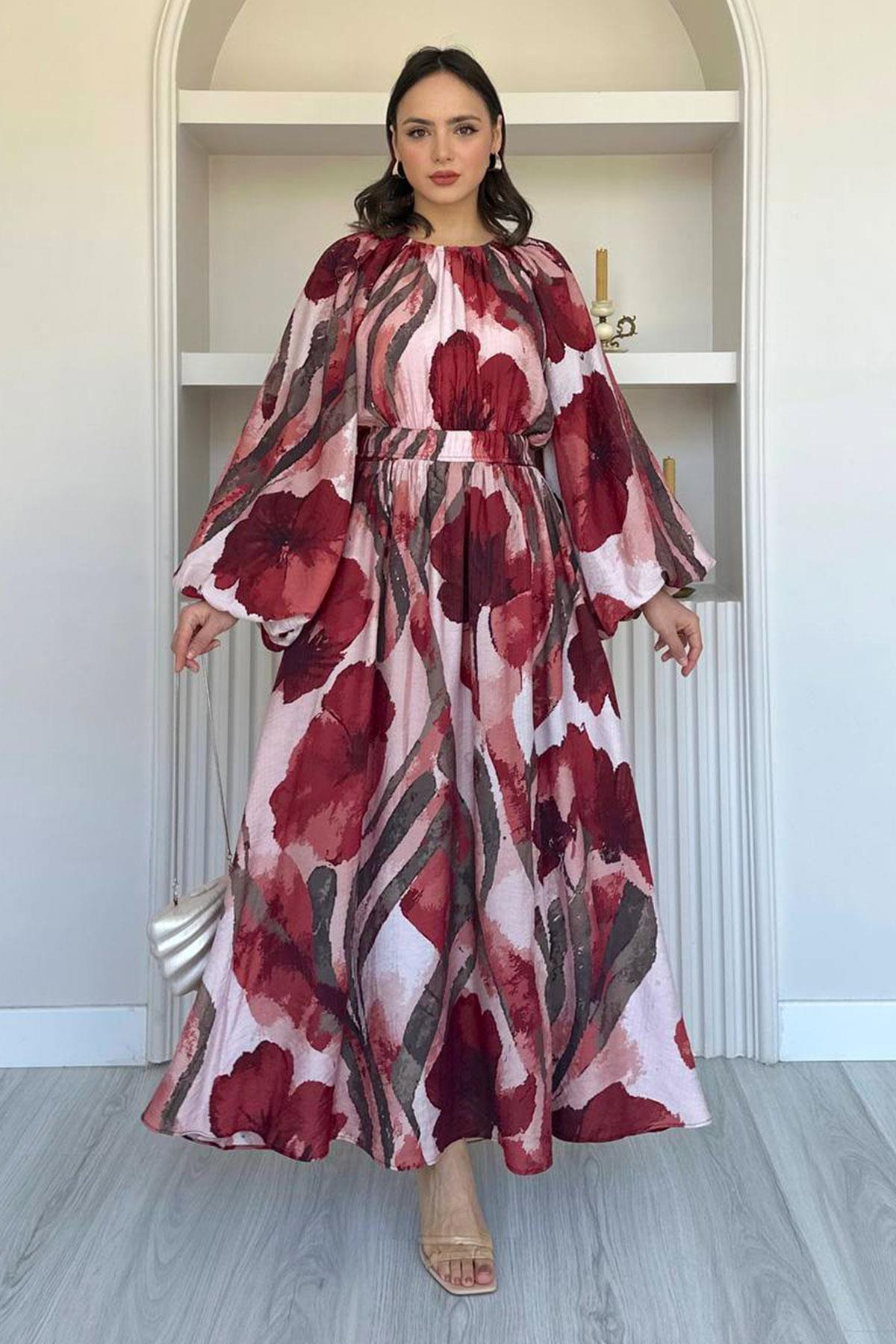 Çiçek Desenli Etekli Takım-Bordo