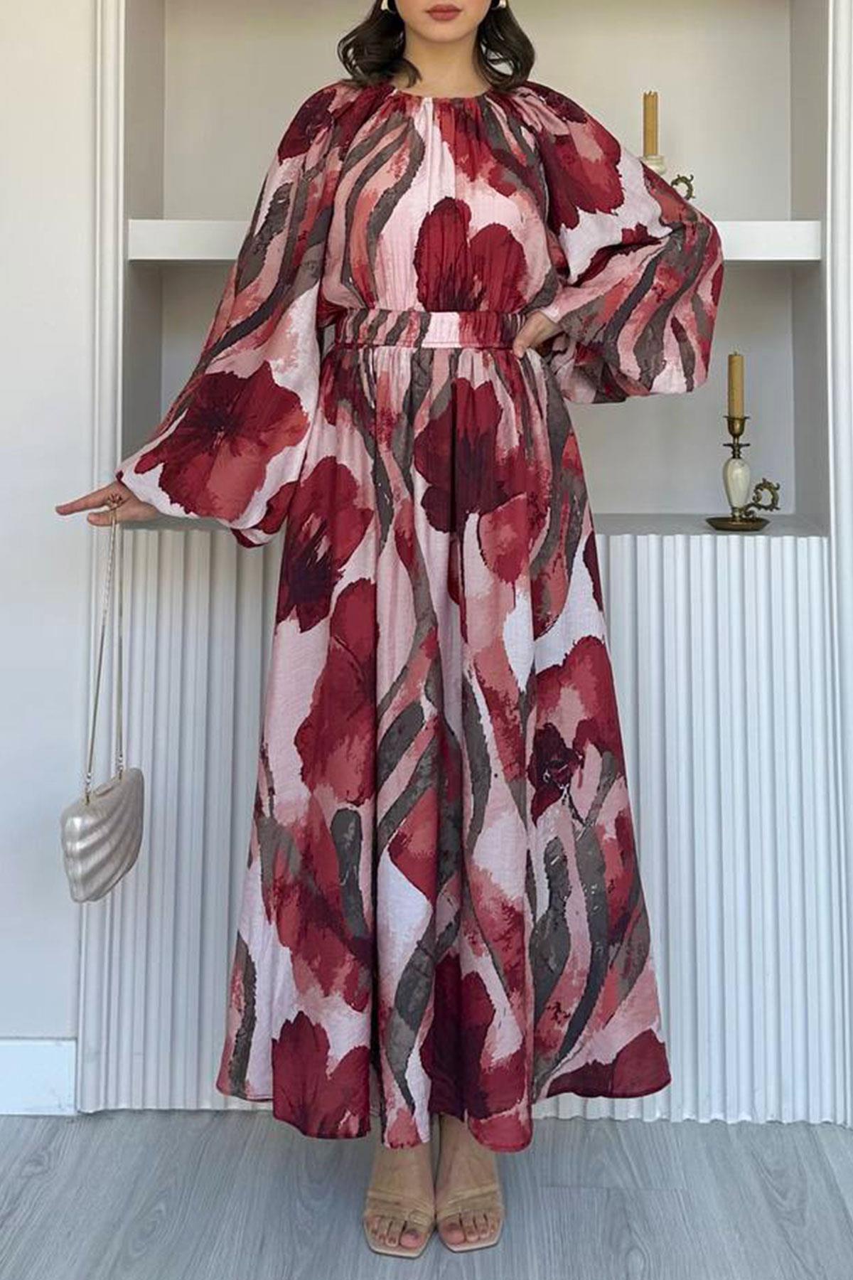 Çiçek Desenli Etekli Takım-Bordo