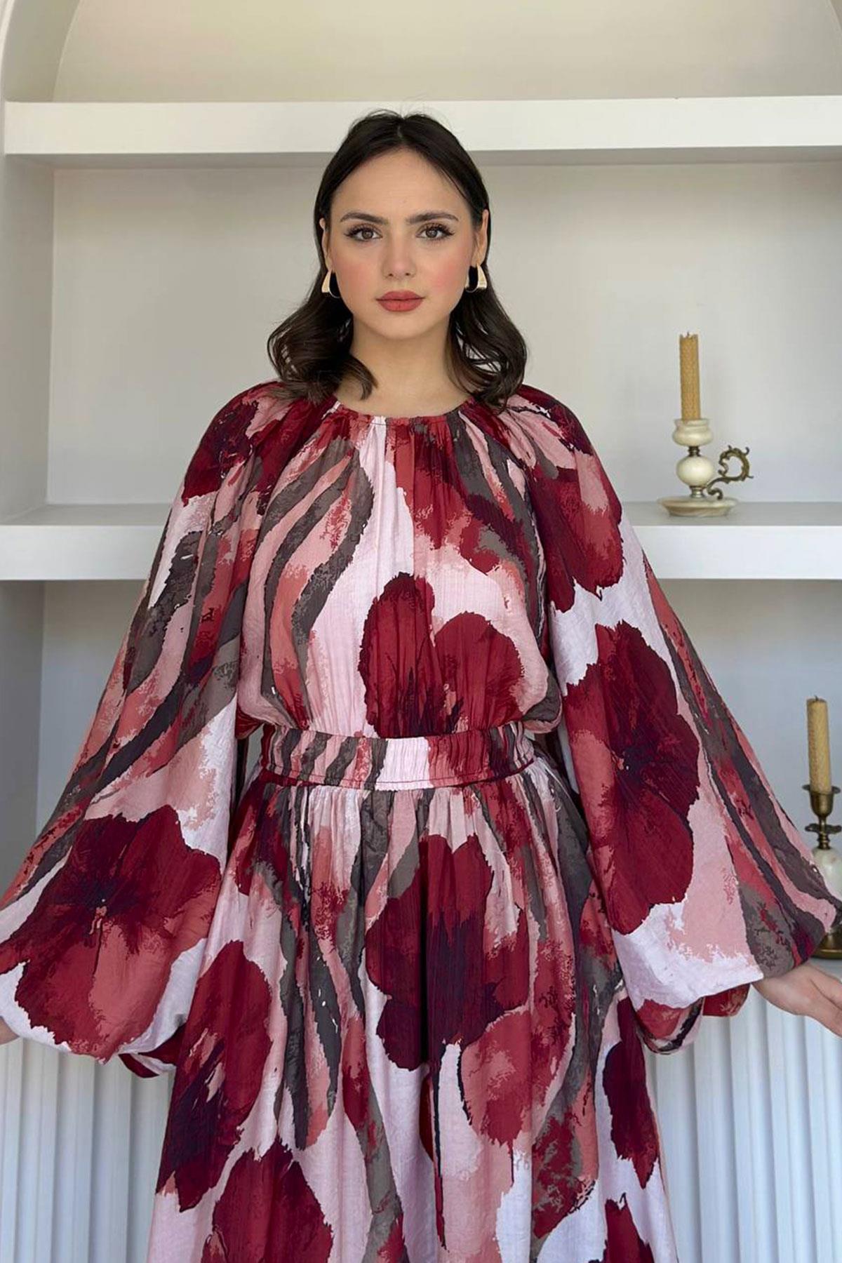 Çiçek Desenli Etekli Takım-Bordo