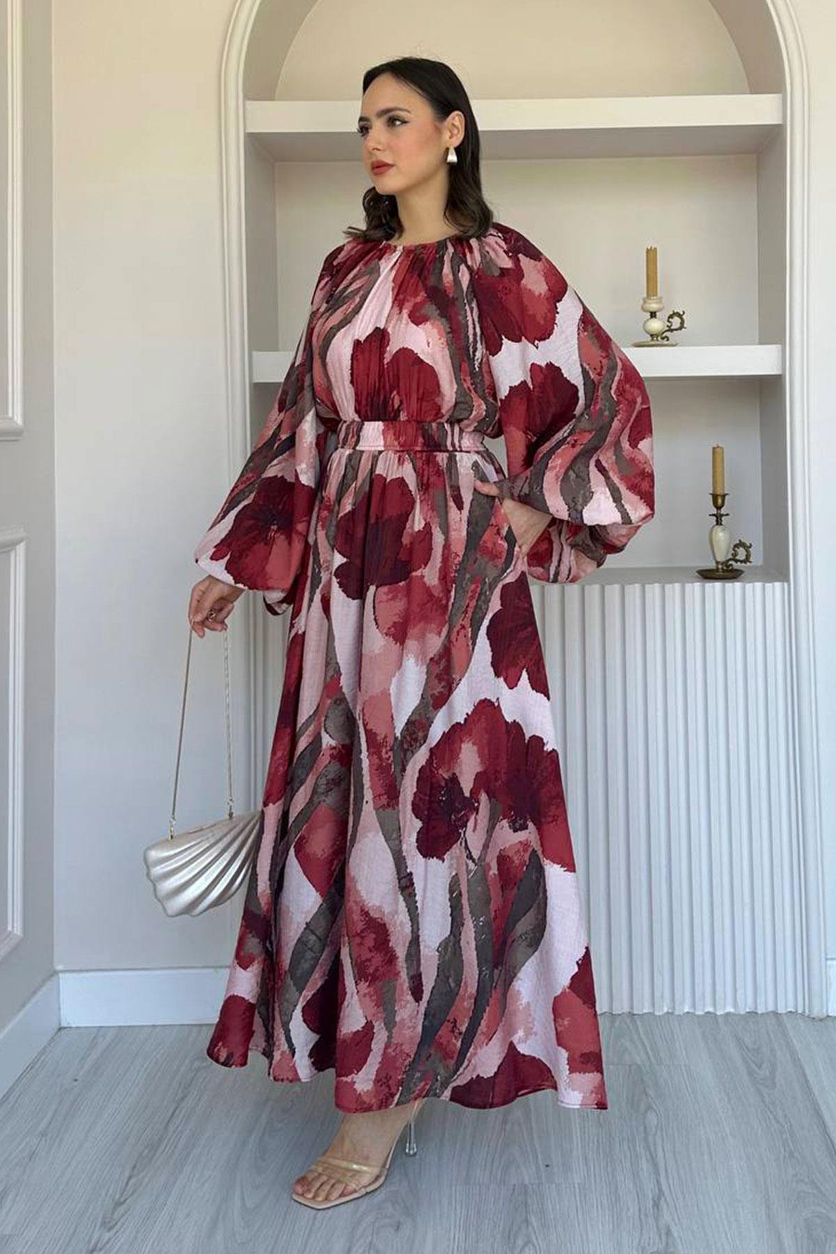 Çiçek Desenli Etekli Takım-Bordo