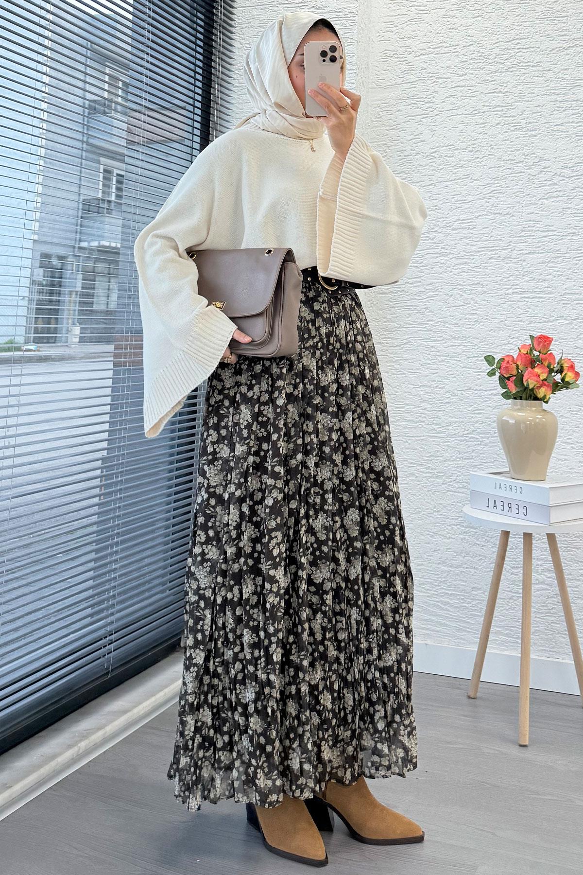 Çiçek Desenli Kemerli Şifon Etek - Haki