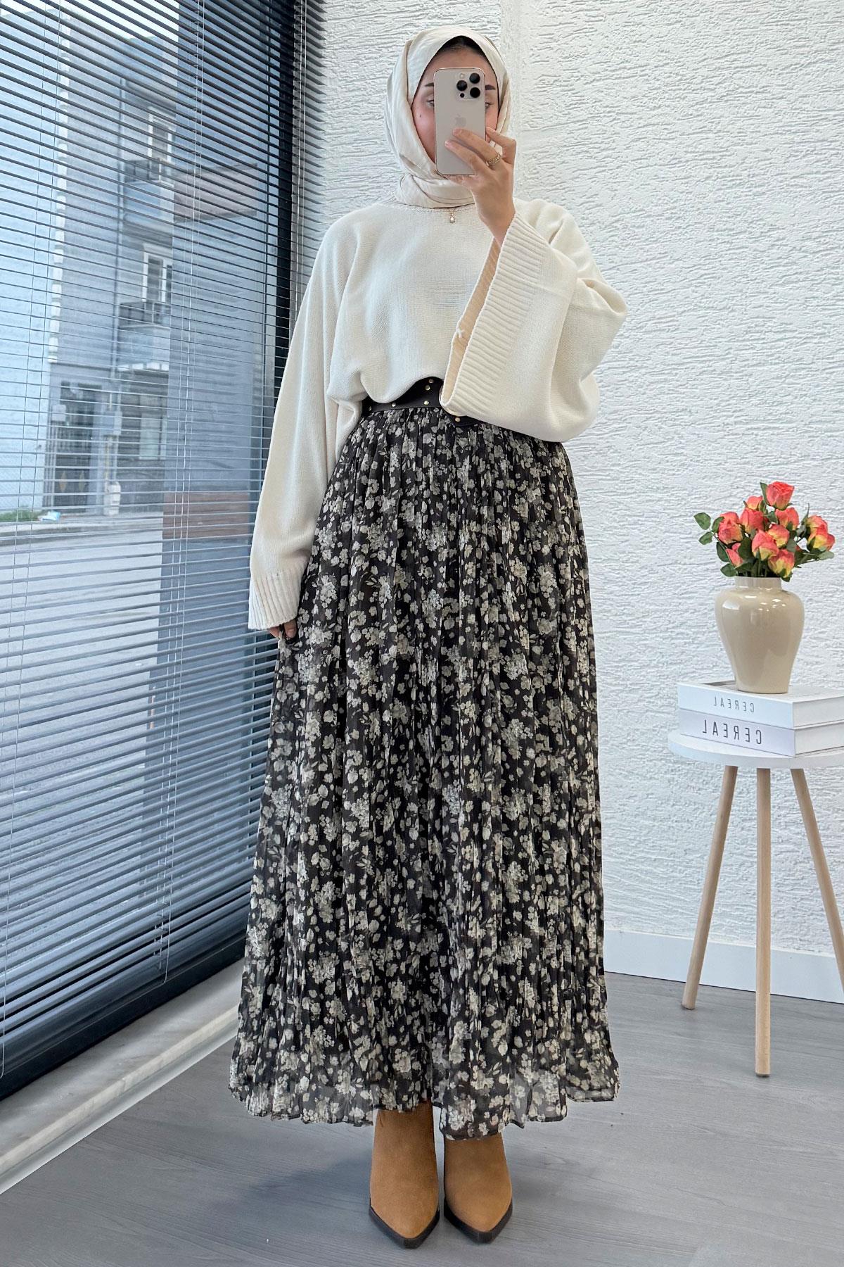 Çiçek Desenli Kemerli Şifon Etek - Haki