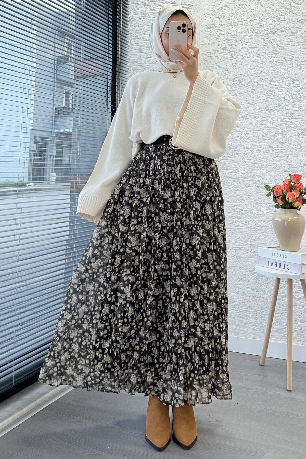 Çiçek Desenli Kemerli Şifon Etek - Haki