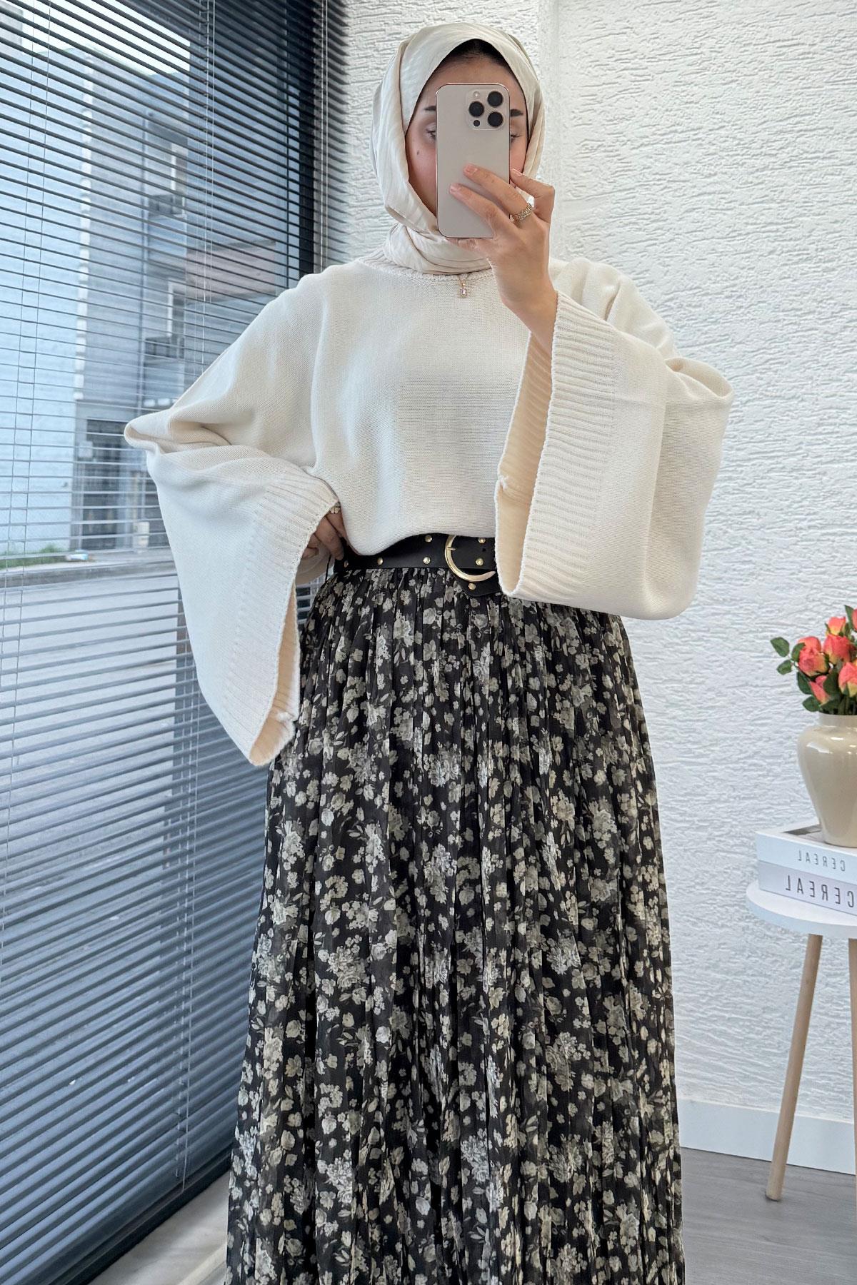 Çiçek Desenli Kemerli Şifon Etek - Haki