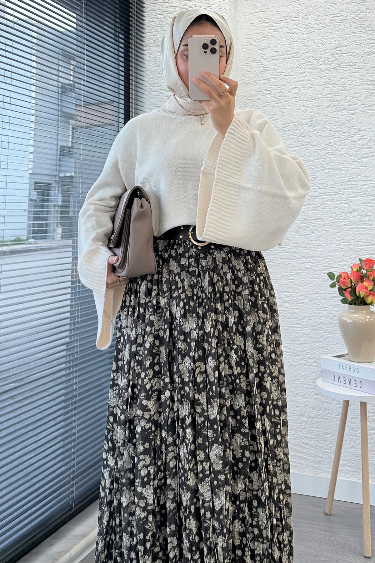 Çiçek Desenli Kemerli Şifon Etek - Haki