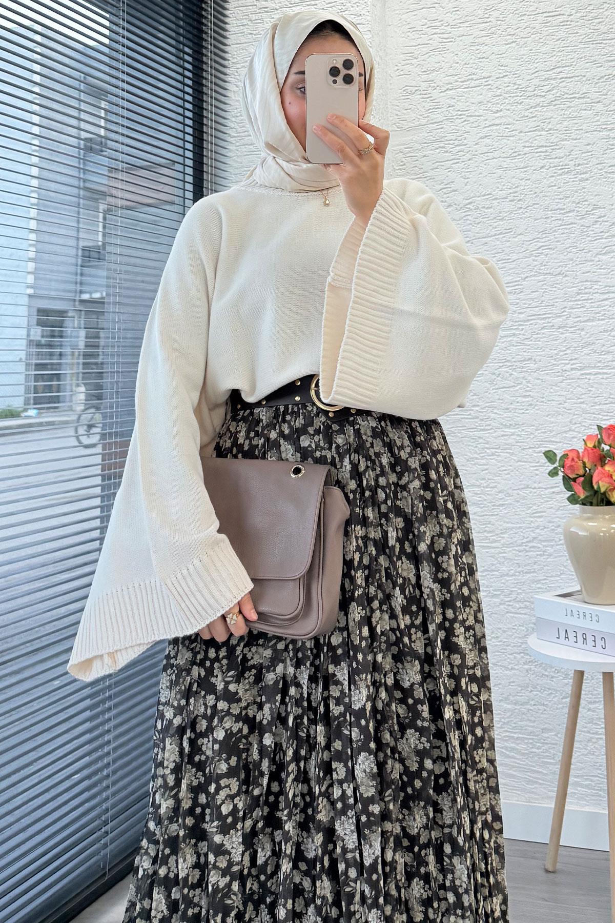 Çiçek Desenli Kemerli Şifon Etek - Haki