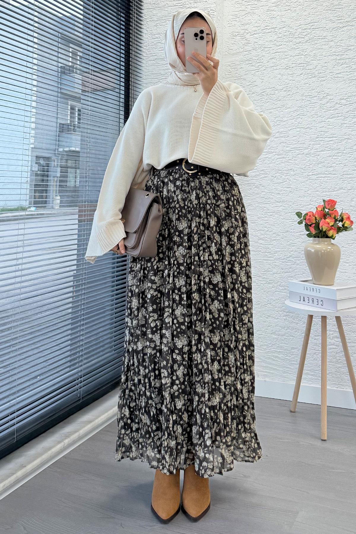 Çiçek Desenli Kemerli Şifon Etek - Haki