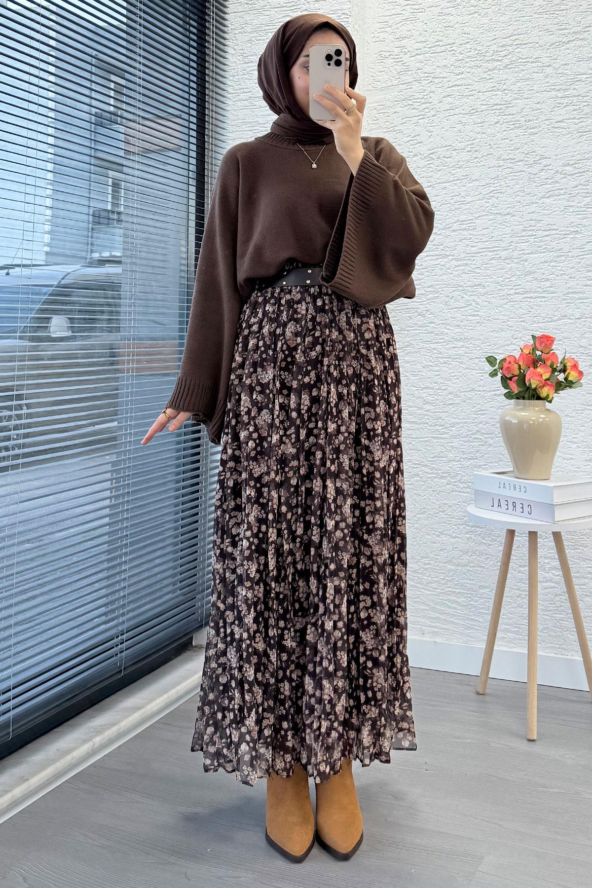 Çiçek Desenli Kemerli Şifon Etek - Kahverengi