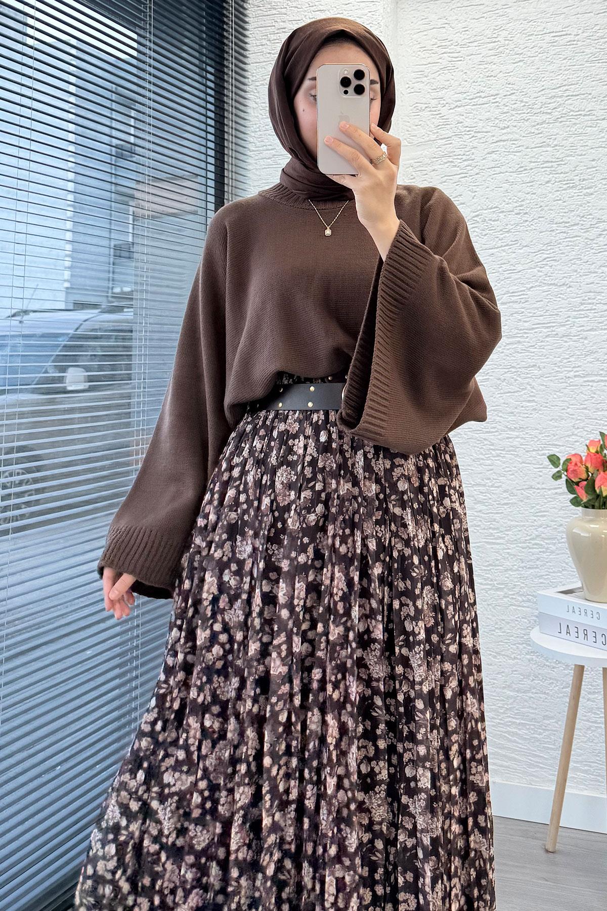 Çiçek Desenli Kemerli Şifon Etek - Kahverengi