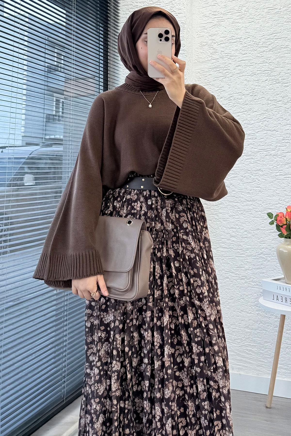 Çiçek Desenli Kemerli Şifon Etek - Kahverengi