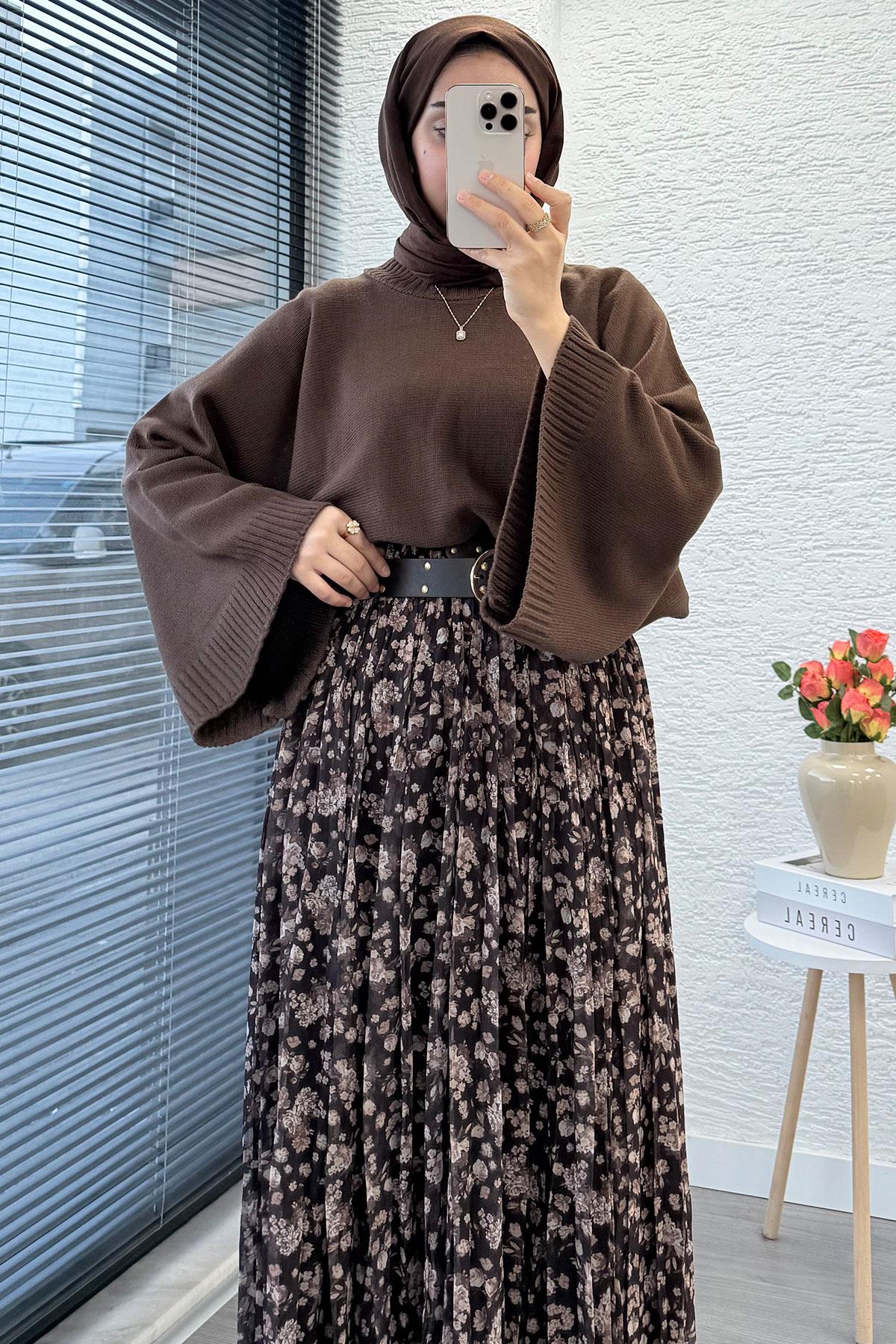 Çiçek Desenli Kemerli Şifon Etek - Kahverengi