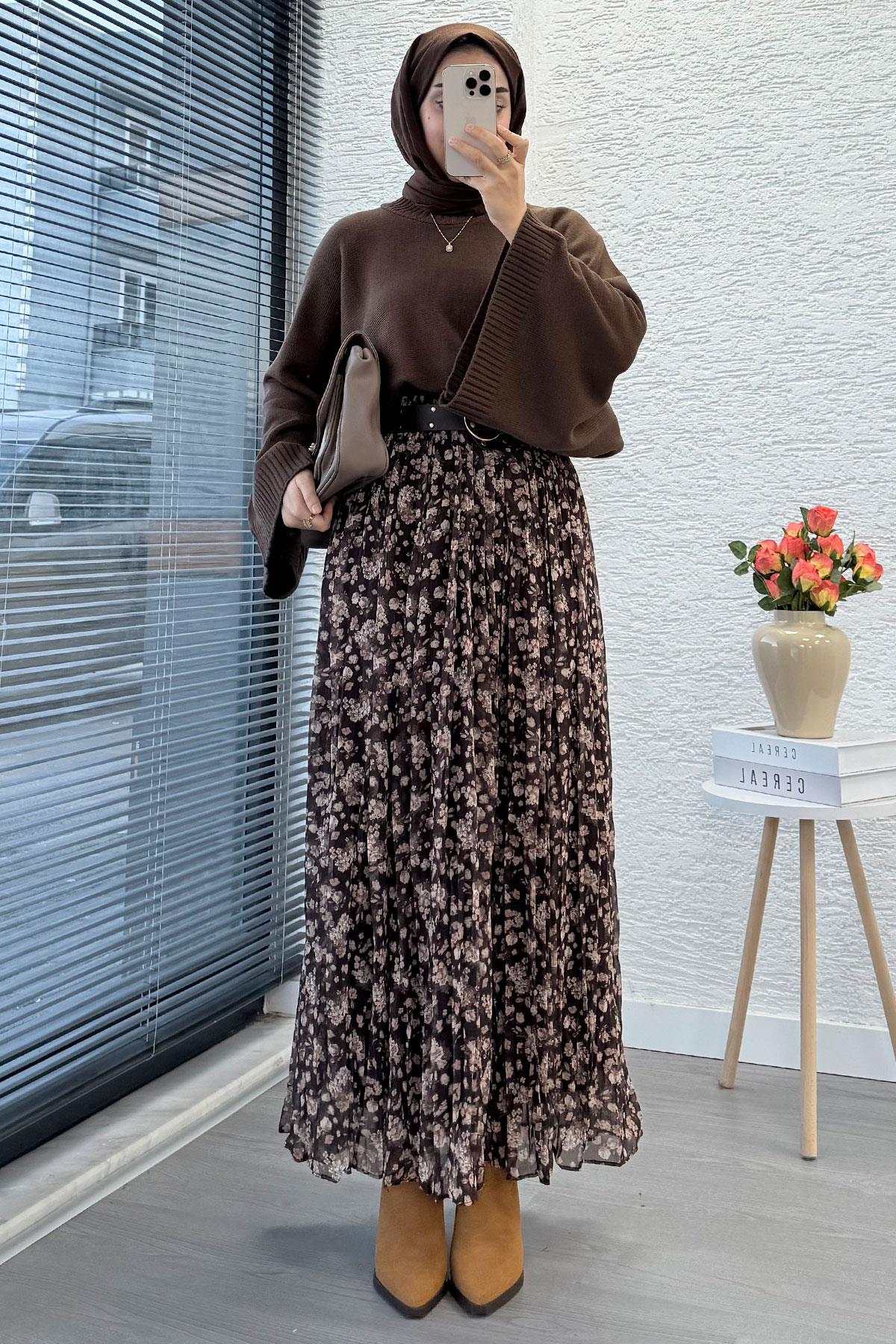Çiçek Desenli Kemerli Şifon Etek - Kahverengi