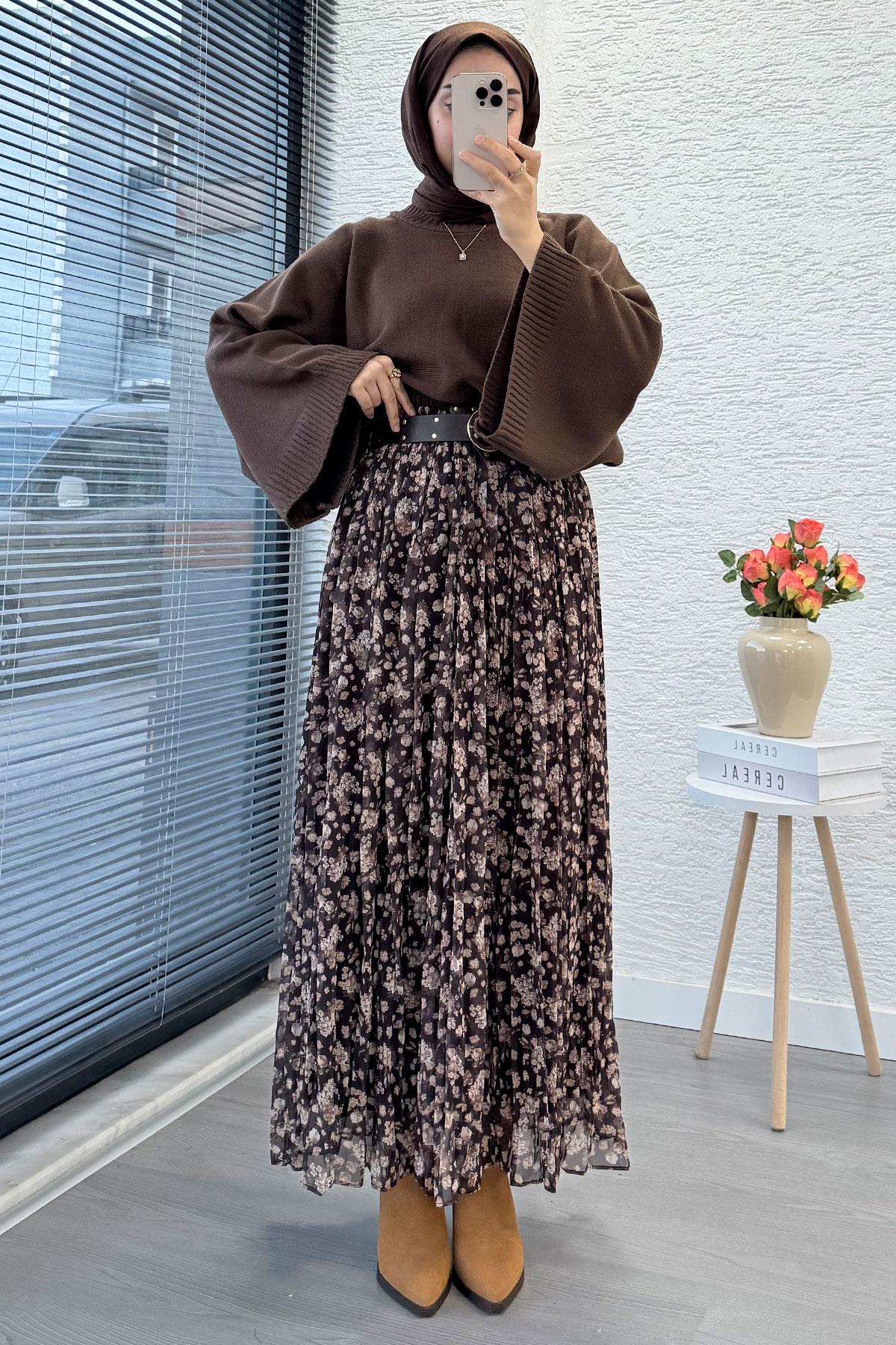 Çiçek Desenli Kemerli Şifon Etek - Kahverengi