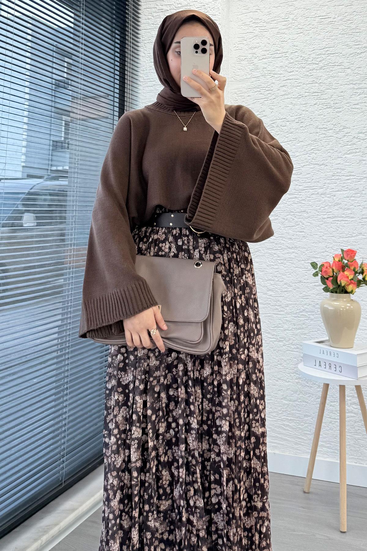 Çiçek Desenli Kemerli Şifon Etek - Kahverengi