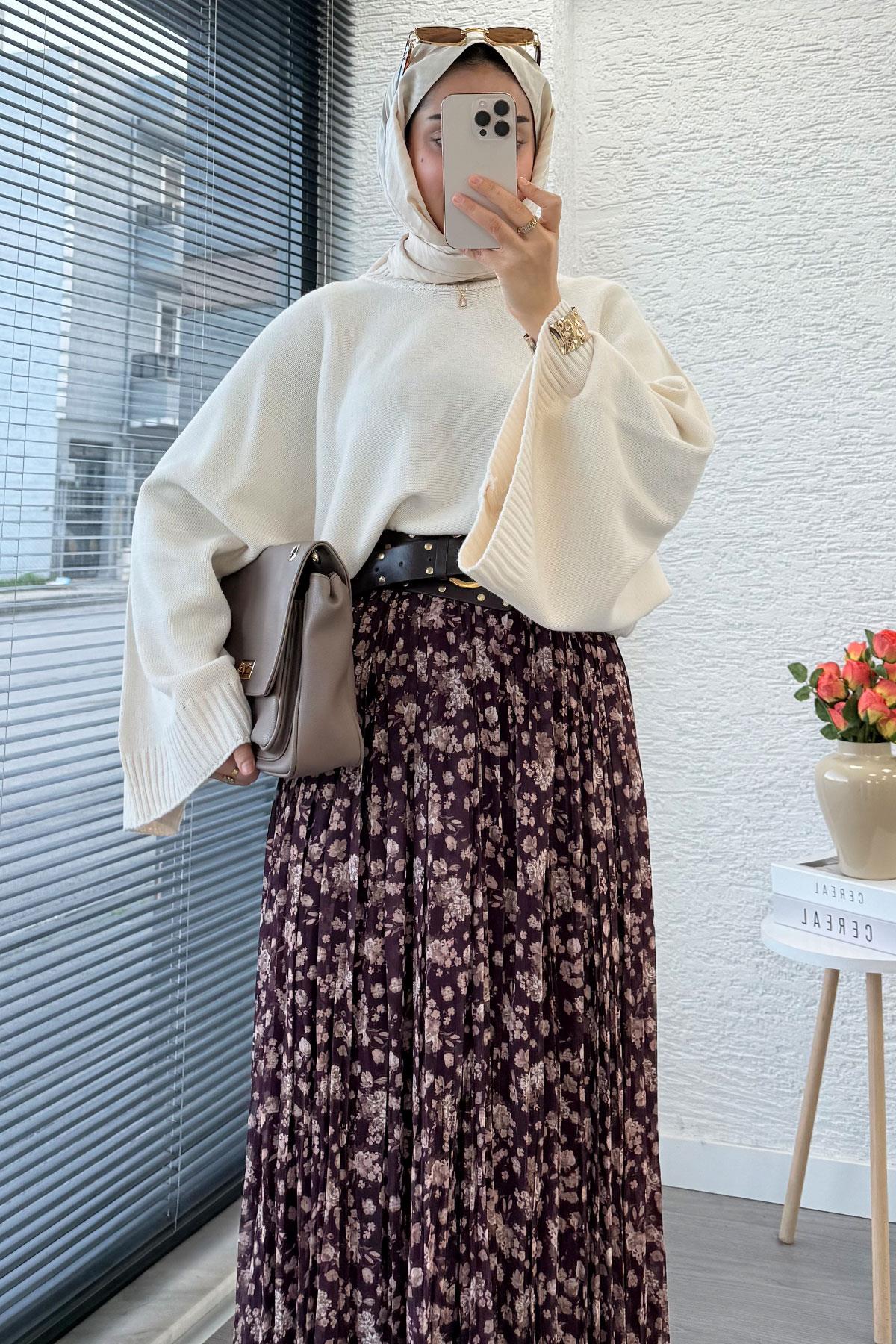 Çiçek Desenli Kemerli Şifon Etek - Mürdüm