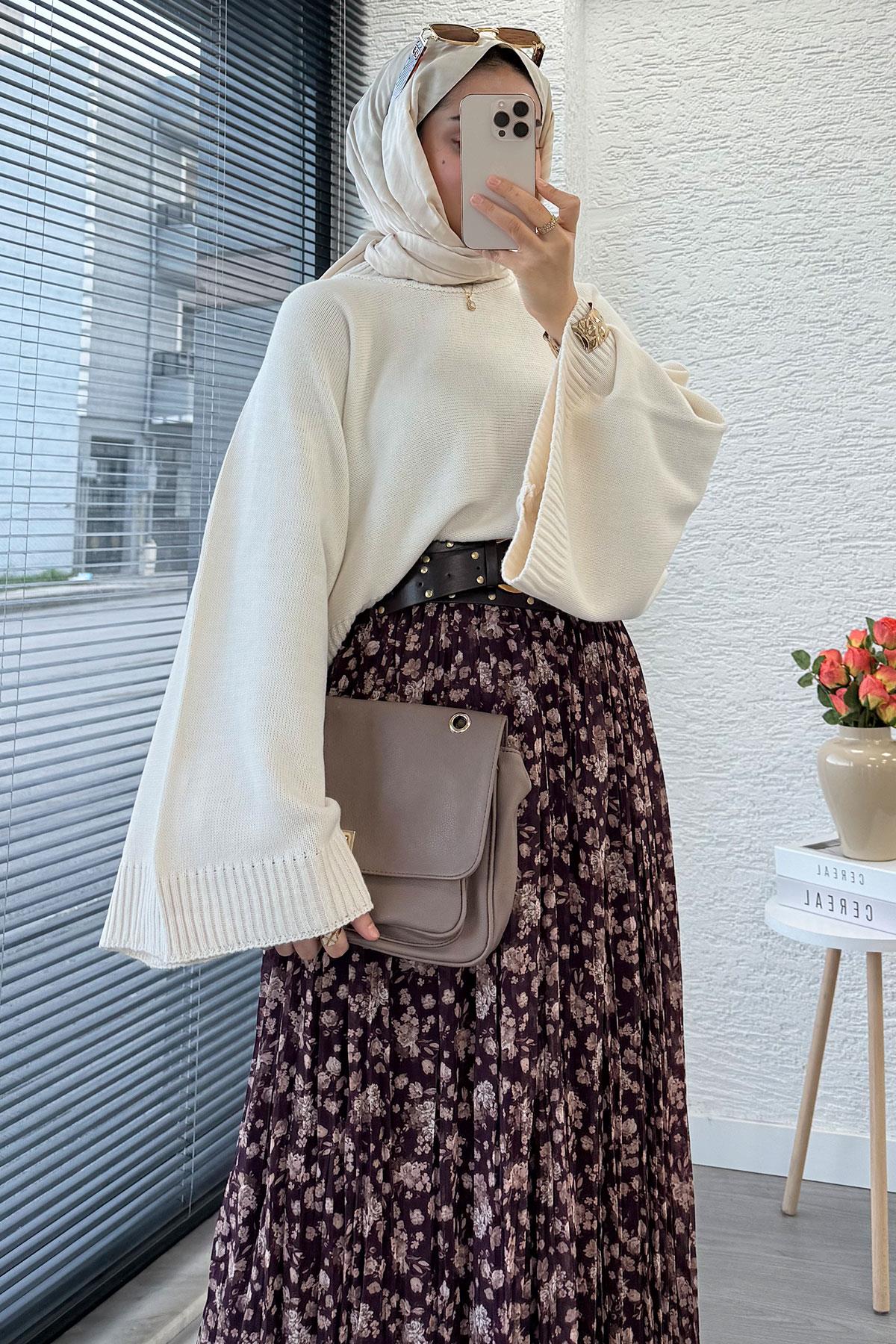 Çiçek Desenli Kemerli Şifon Etek - Mürdüm