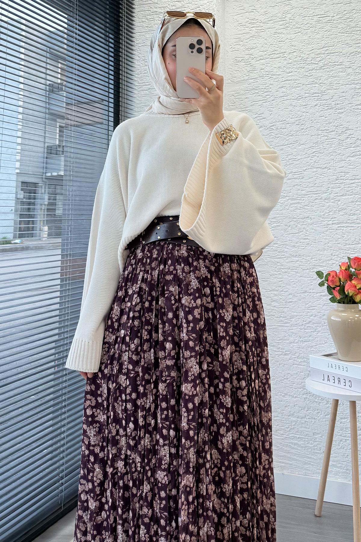 Çiçek Desenli Kemerli Şifon Etek - Mürdüm