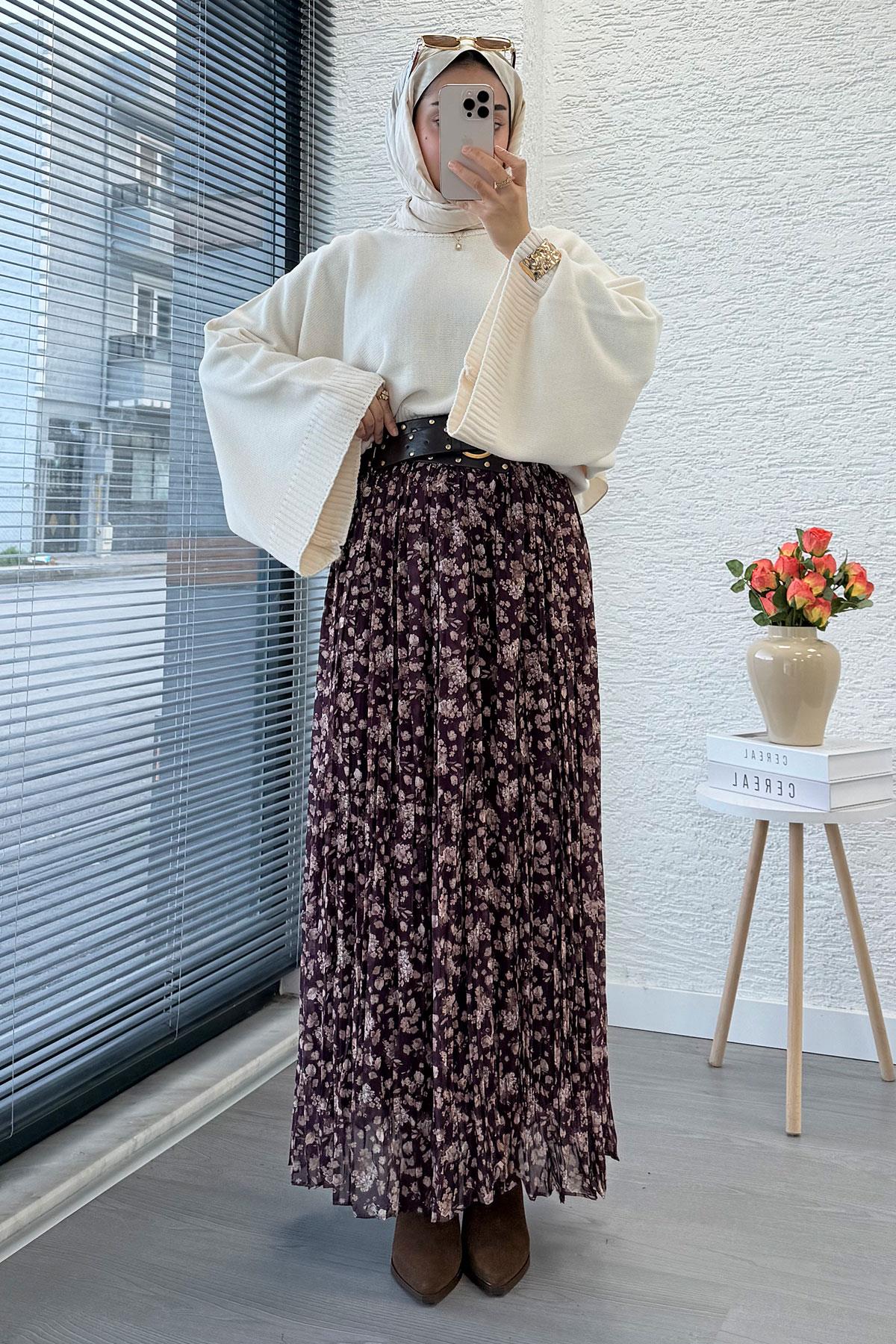 Çiçek Desenli Kemerli Şifon Etek - Mürdüm