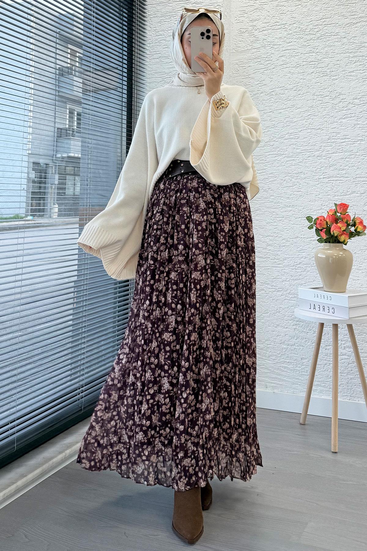 Çiçek Desenli Kemerli Şifon Etek - Mürdüm