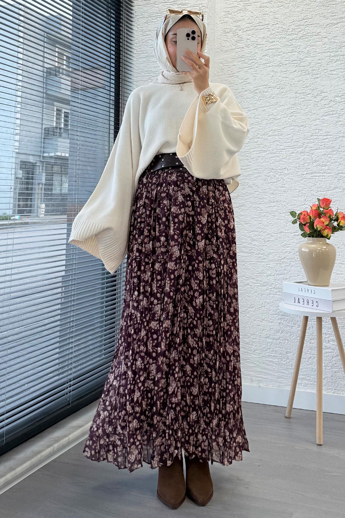 Çiçek Desenli Kemerli Şifon Etek - Mürdüm