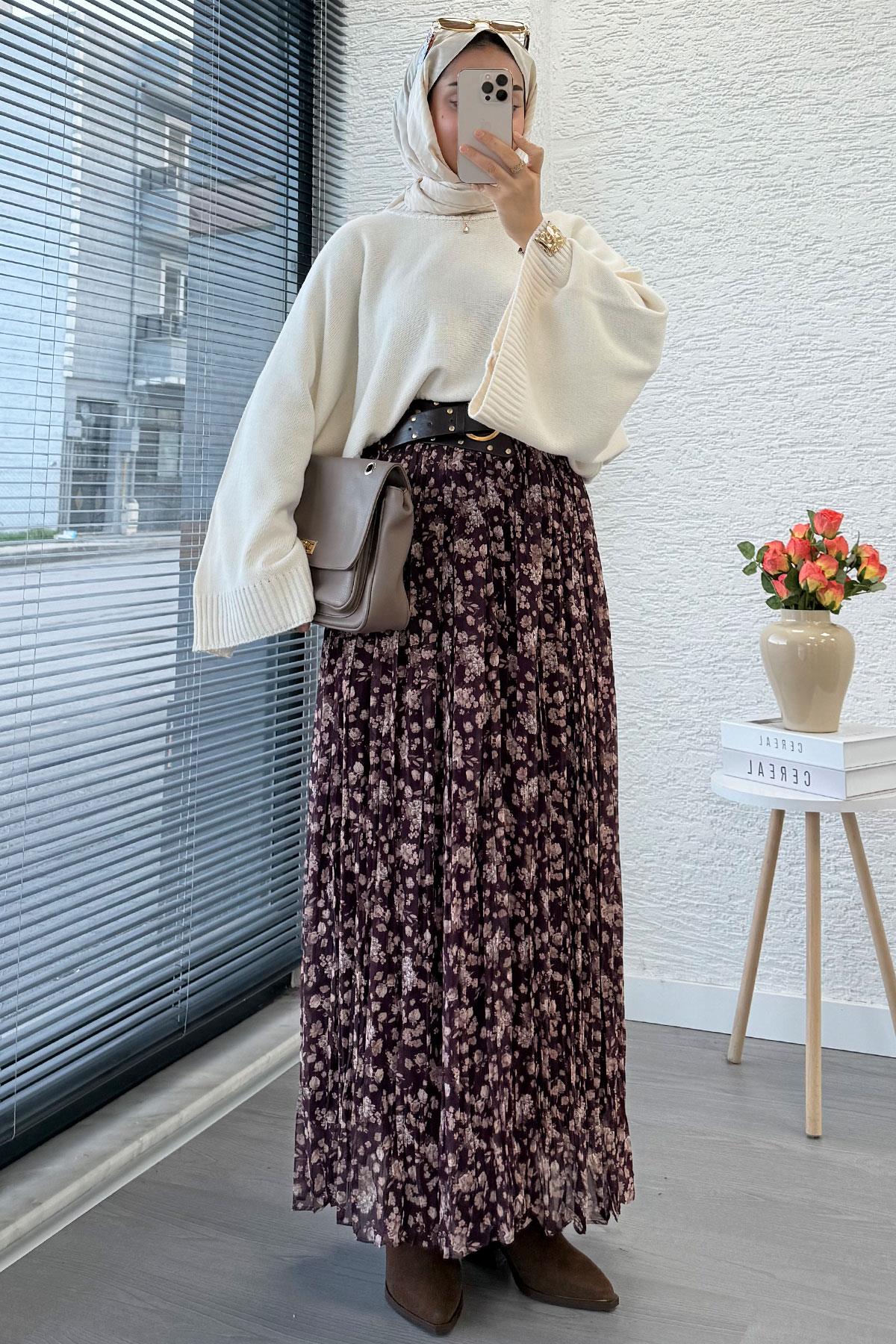 Çiçek Desenli Kemerli Şifon Etek - Mürdüm