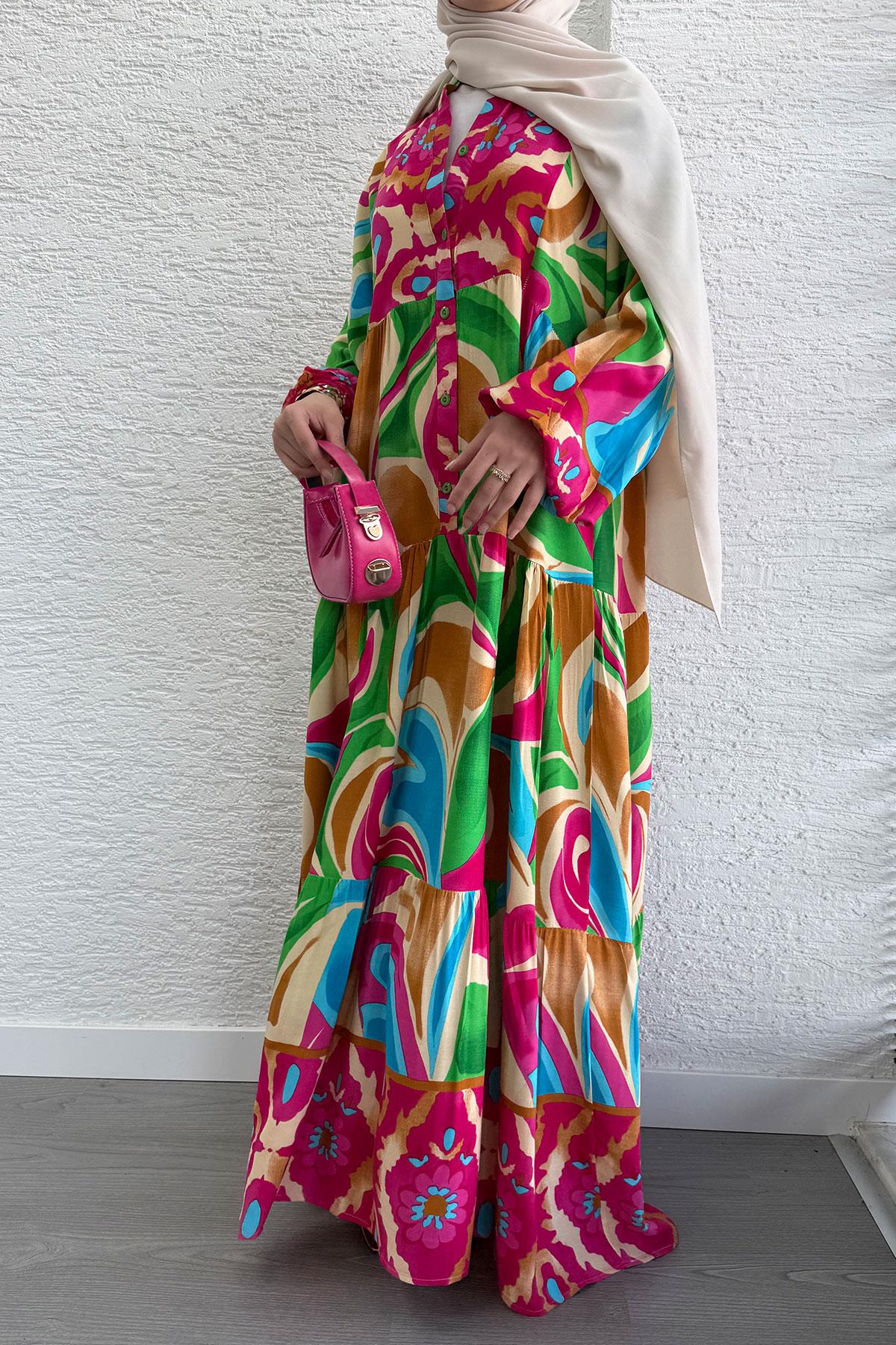 Çiçek Motifli Renkli Desen Viskon Elbise – Pembe