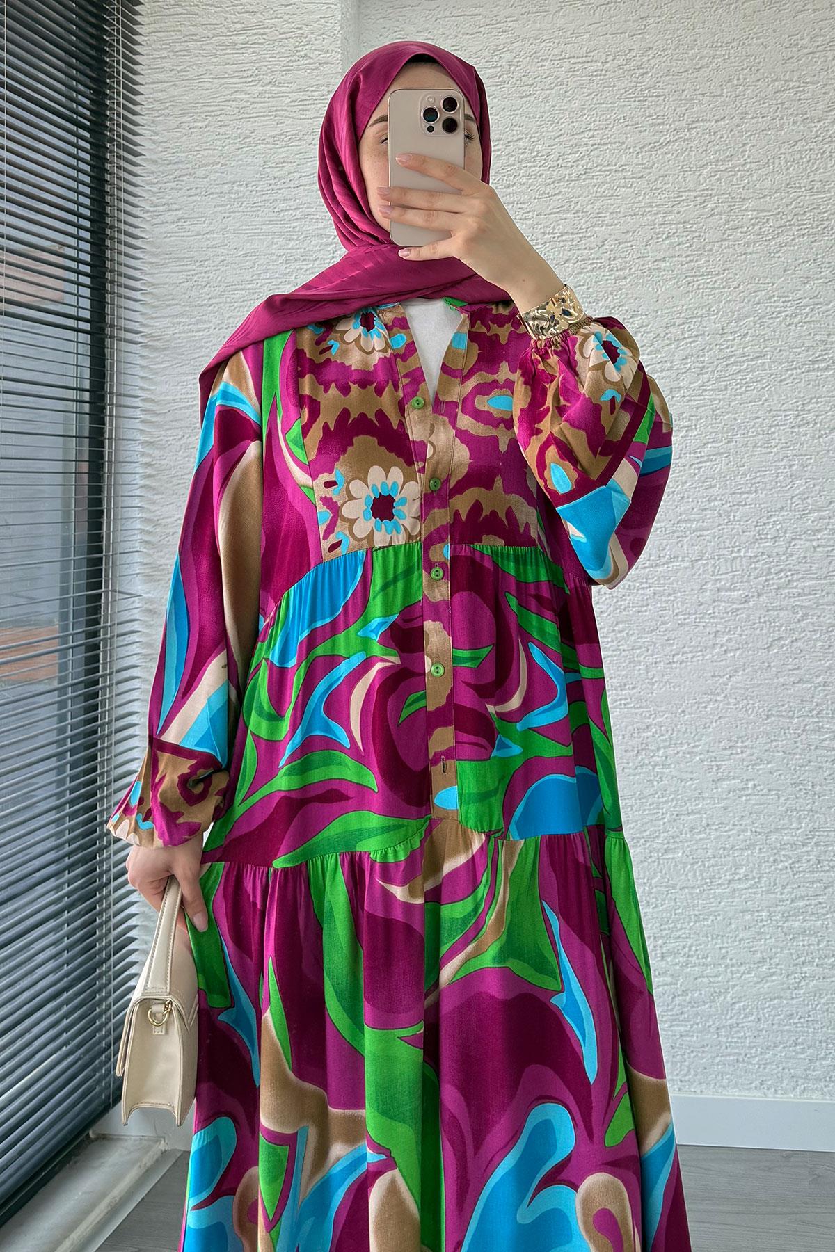 Çiçek Motifli Renkli Desen Viskon Elbise – Fuşya