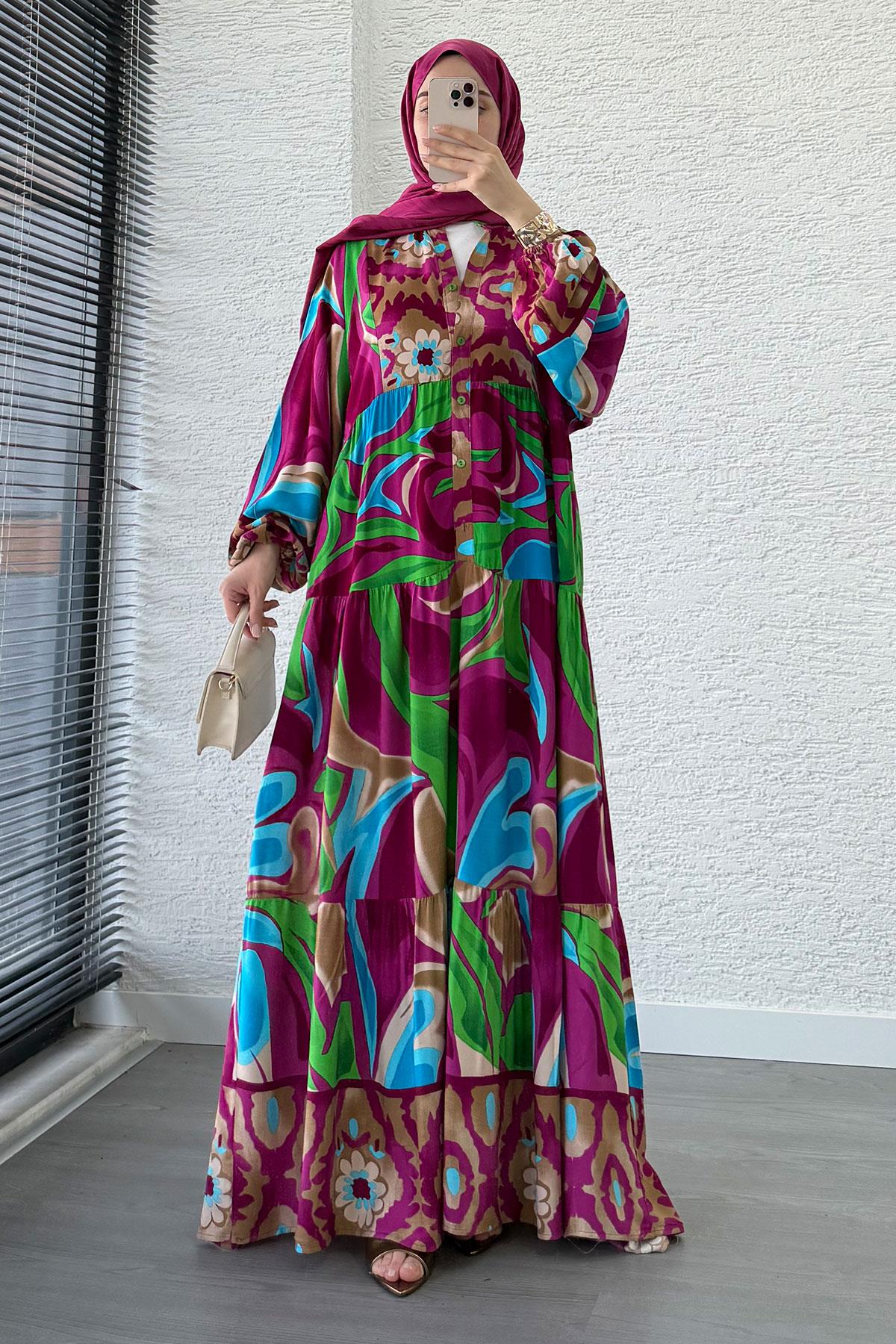 Çiçek Motifli Renkli Desen Viskon Elbise – Fuşya