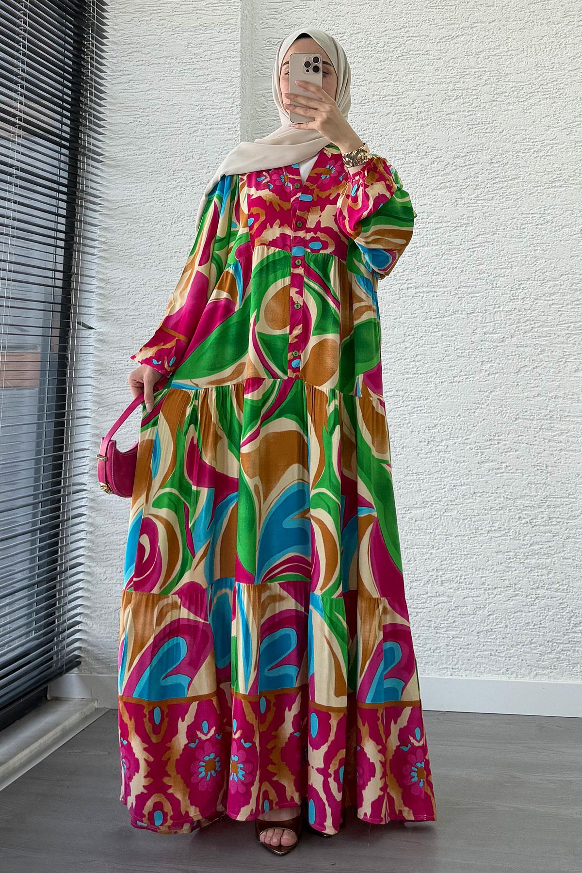 Çiçek Motifli Renkli Desen Viskon Elbise – Pembe