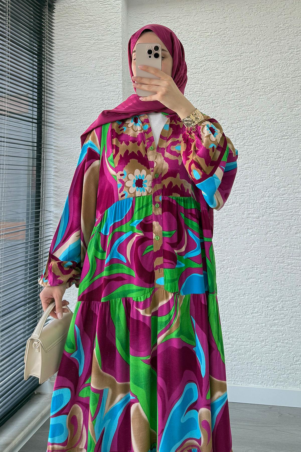 Çiçek Motifli Renkli Desen Viskon Elbise – Fuşya