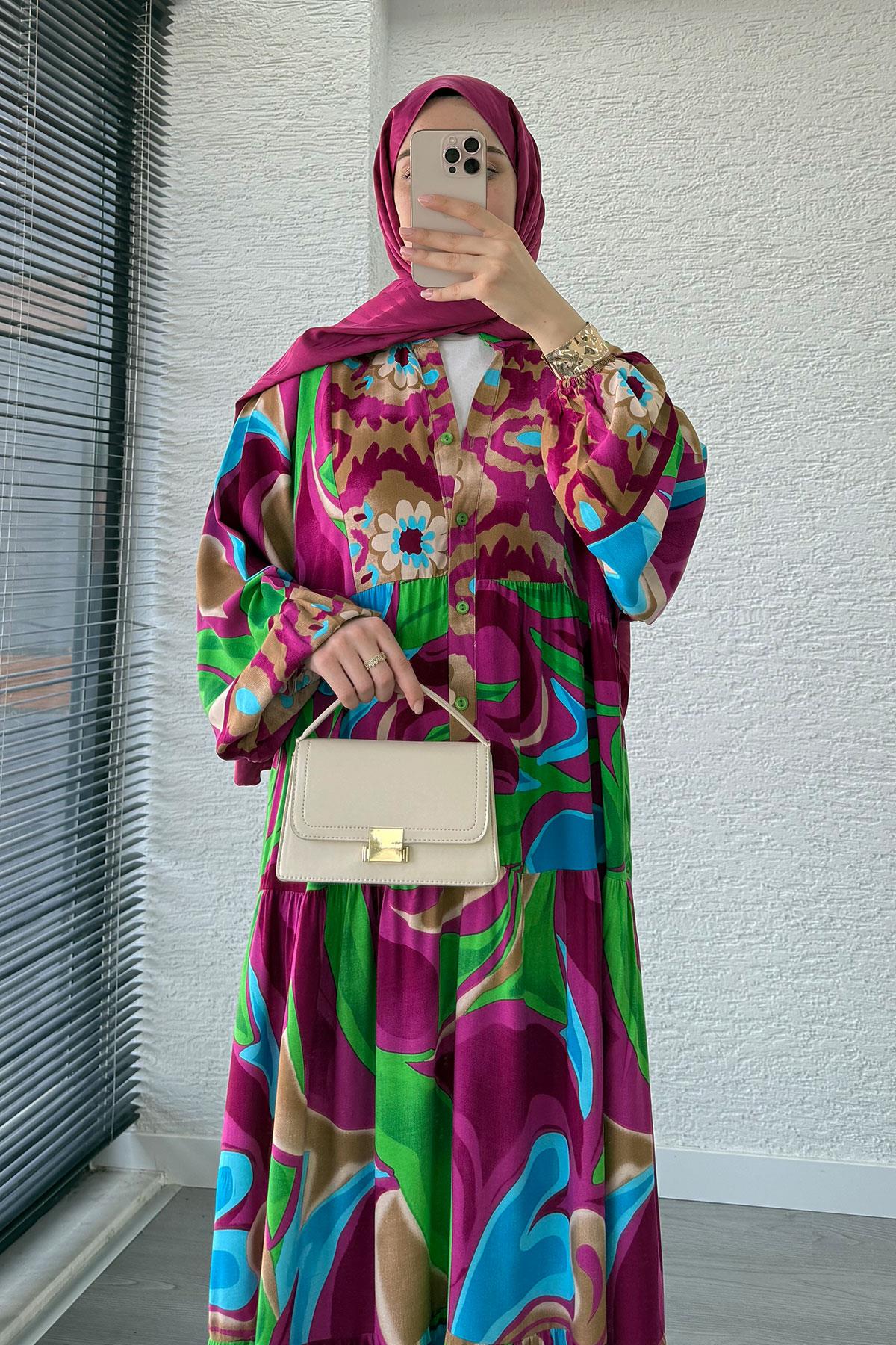 Çiçek Motifli Renkli Desen Viskon Elbise – Fuşya