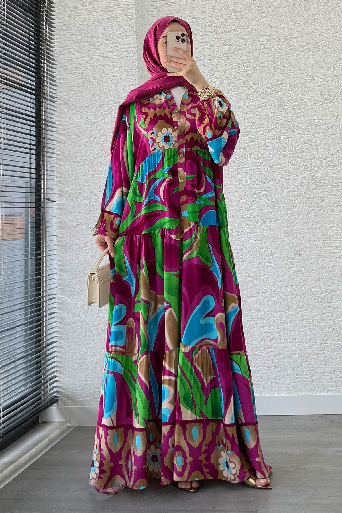 Çiçek Motifli Renkli Desen Viskon Elbise – Fuşya