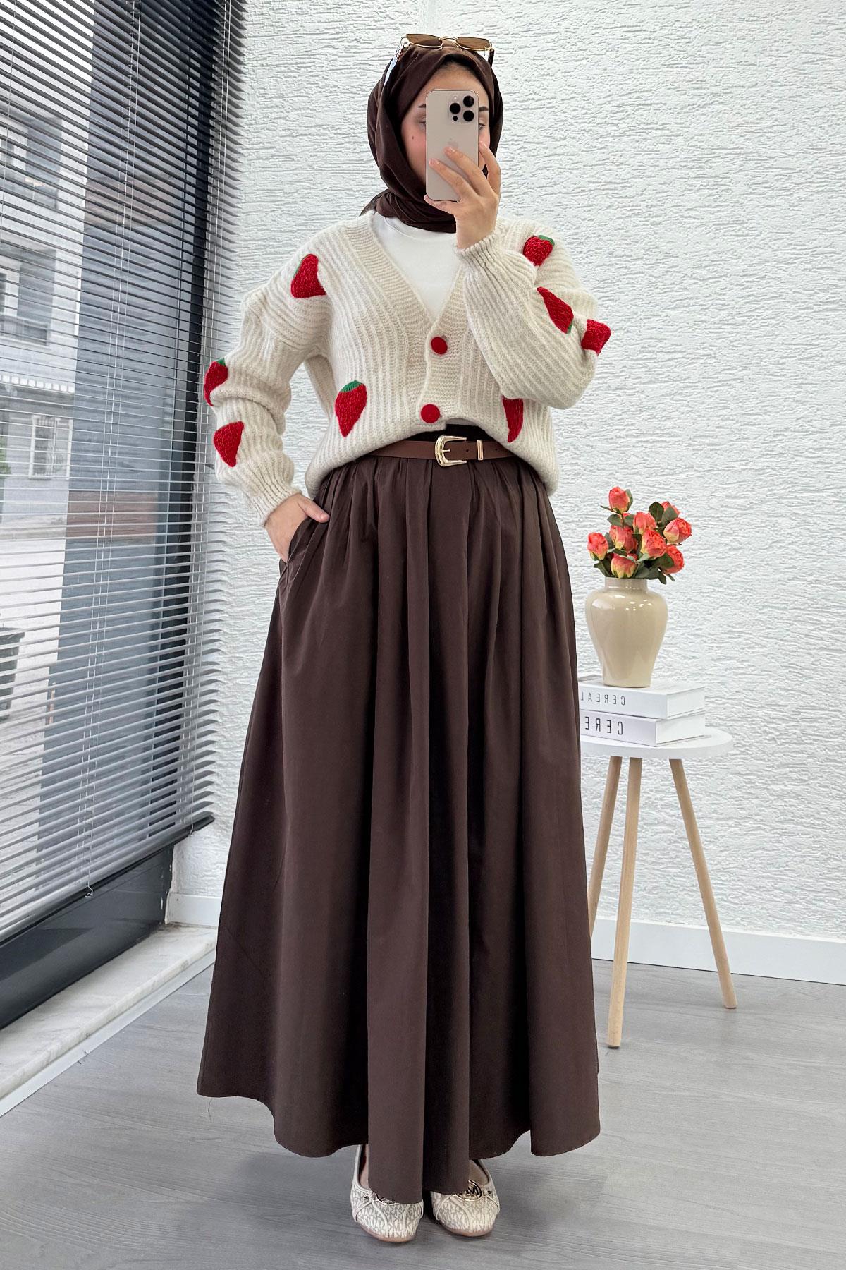 Çilek Desenli Kısa Oversize Triko Hırka – Taş