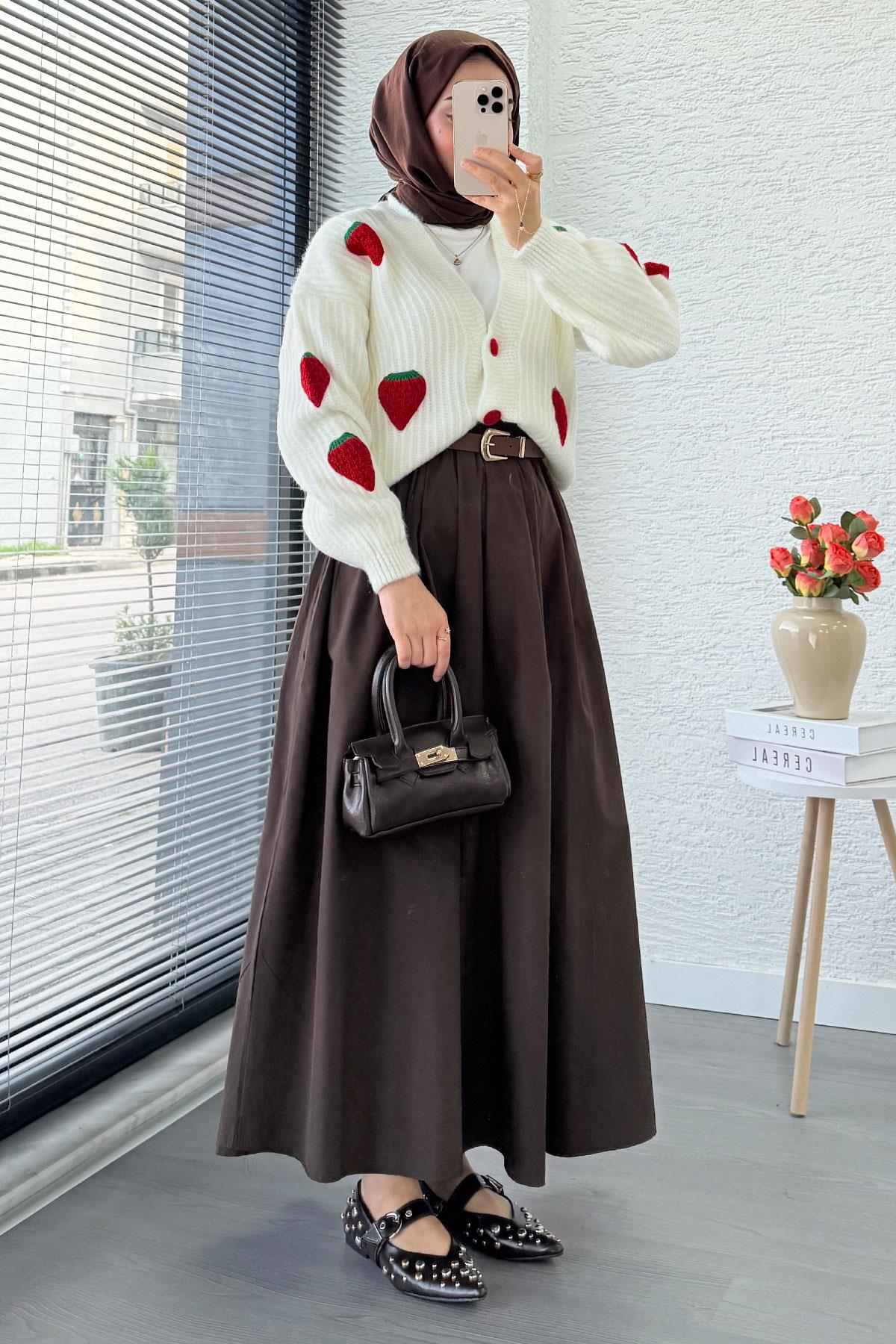 Çilek Desenli Kısa Oversize Triko Hırka – Ekru