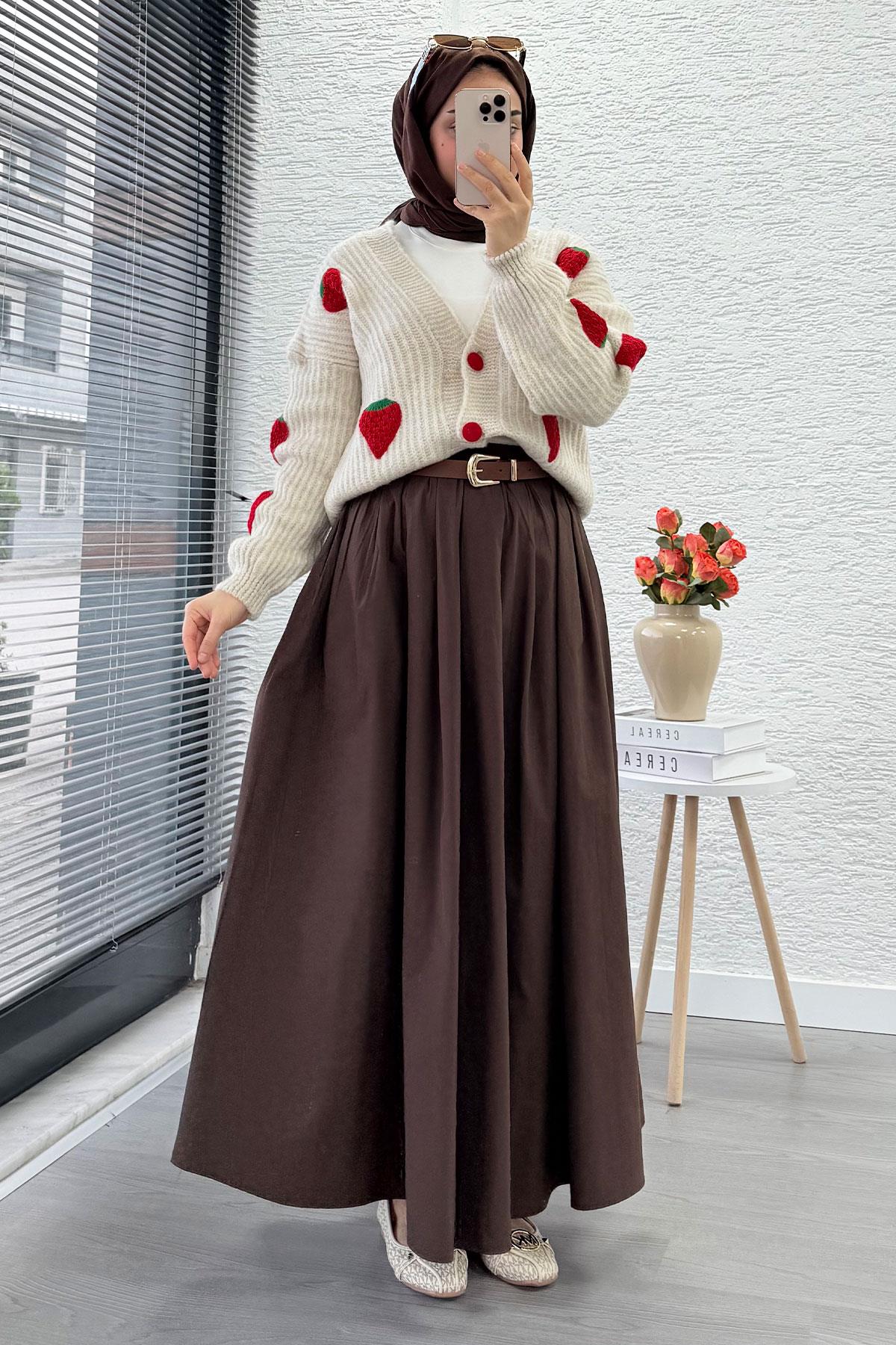 Çilek Desenli Kısa Oversize Triko Hırka – Taş