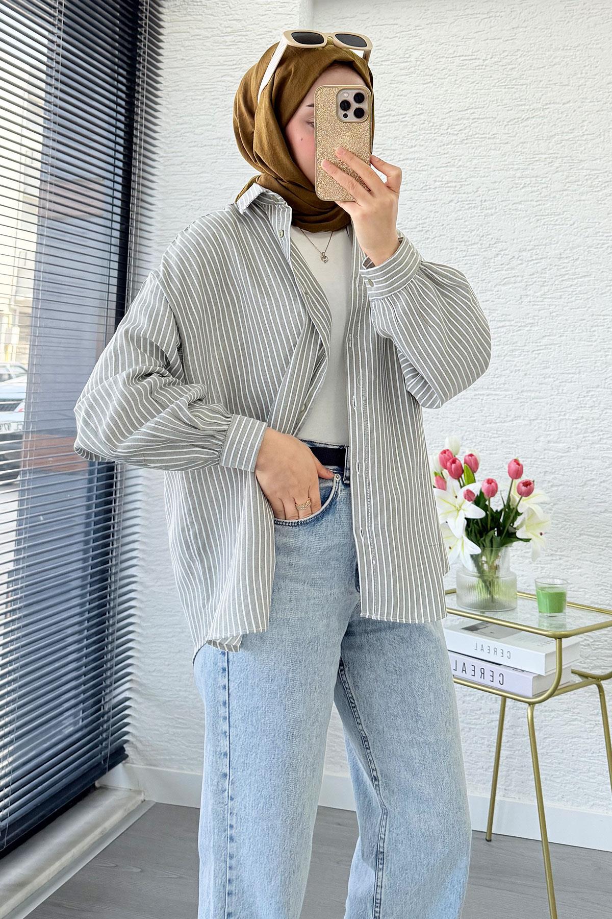 Çizgi Desen Oversize Kadın Gömlek – Gri
