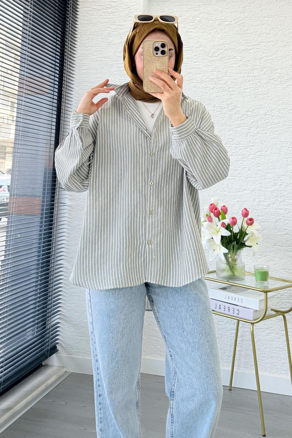 Çizgi Desen Oversize Kadın Gömlek – Gri