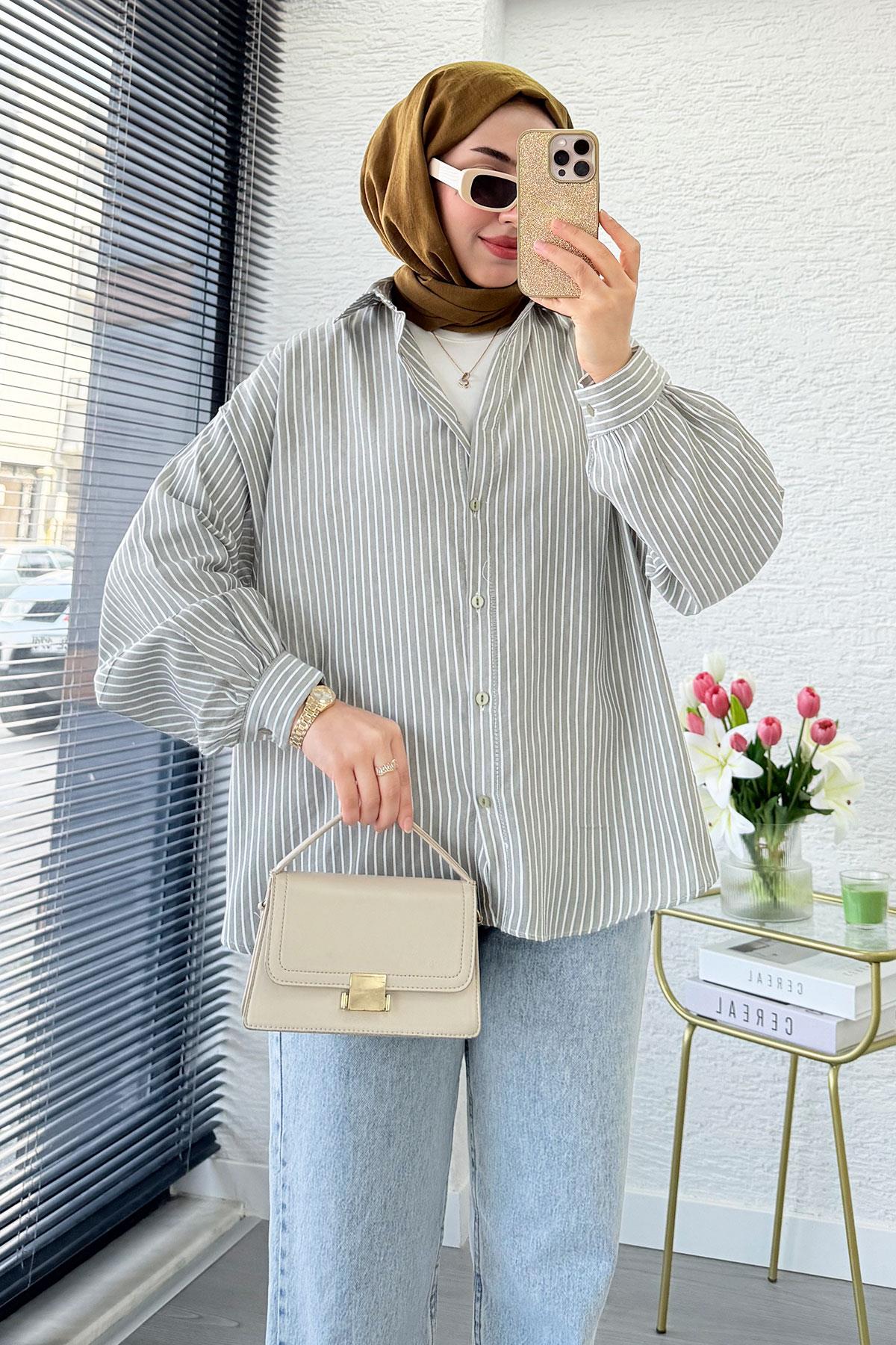 Çizgi Desen Oversize Kadın Gömlek – Gri