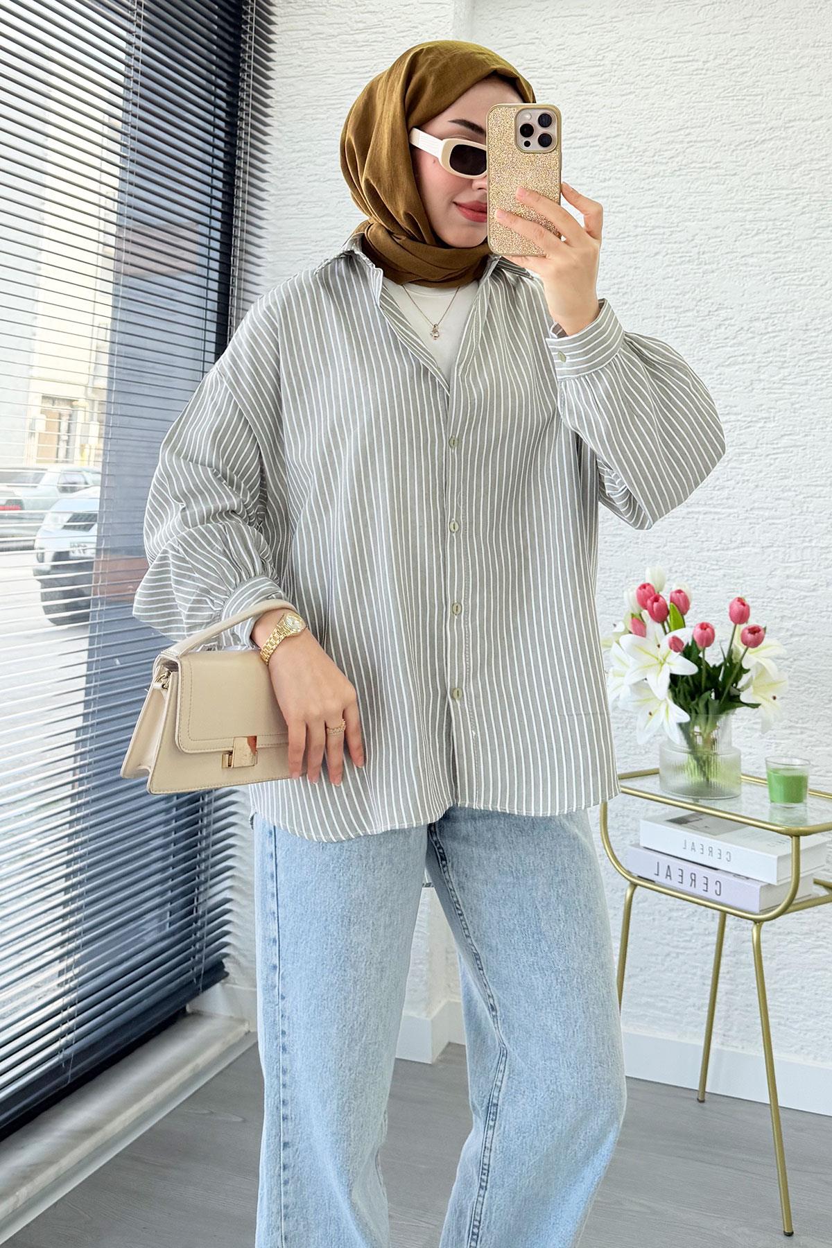 Çizgi Desen Oversize Kadın Gömlek – Gri