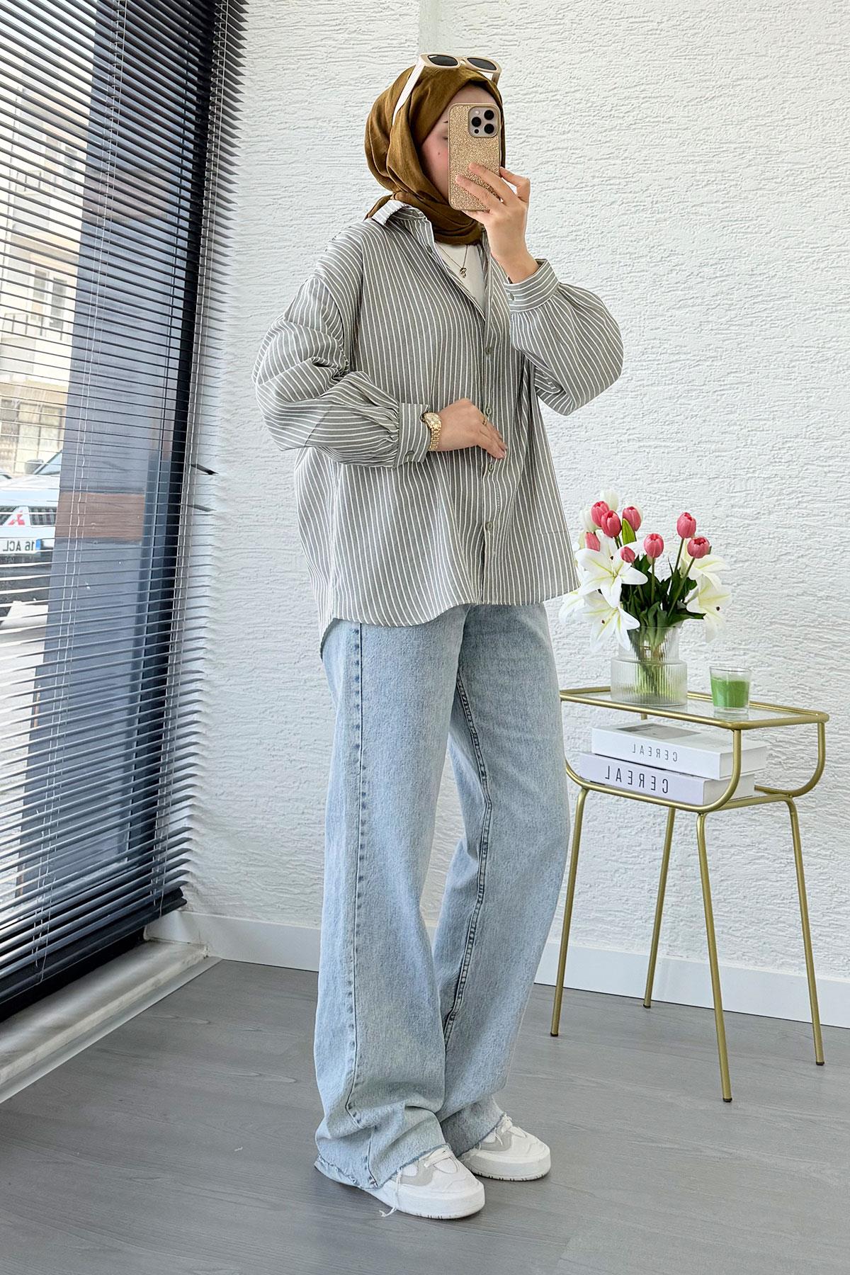 Çizgi Desen Oversize Kadın Gömlek – Gri